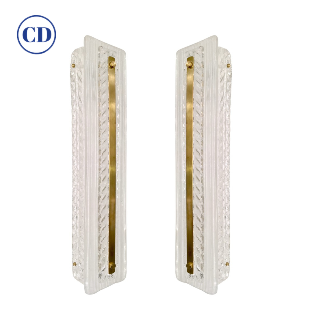 Italian Modern Pair Tall White Crystal Clear Leaf Textured Murano Brass Sconces