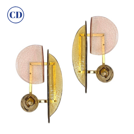 Contemporary Italian Pair of Organic Pink Amber Murano Glass Gold Brass Sconces