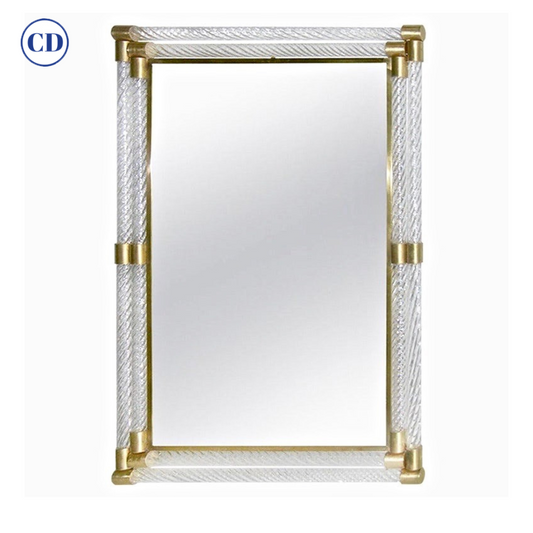 Italian Double Frame Twisted Crystal Murano Glass Mirror with Gold Brass Accents