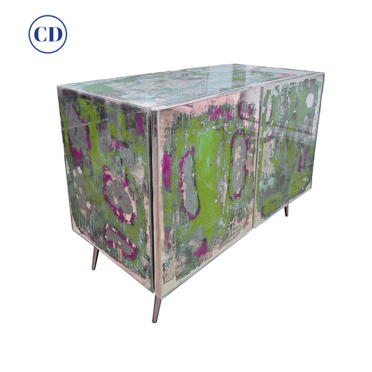 Italian Post Modern Abstract Art Green Purple Satin Nickel Finish Mirror Cabinet