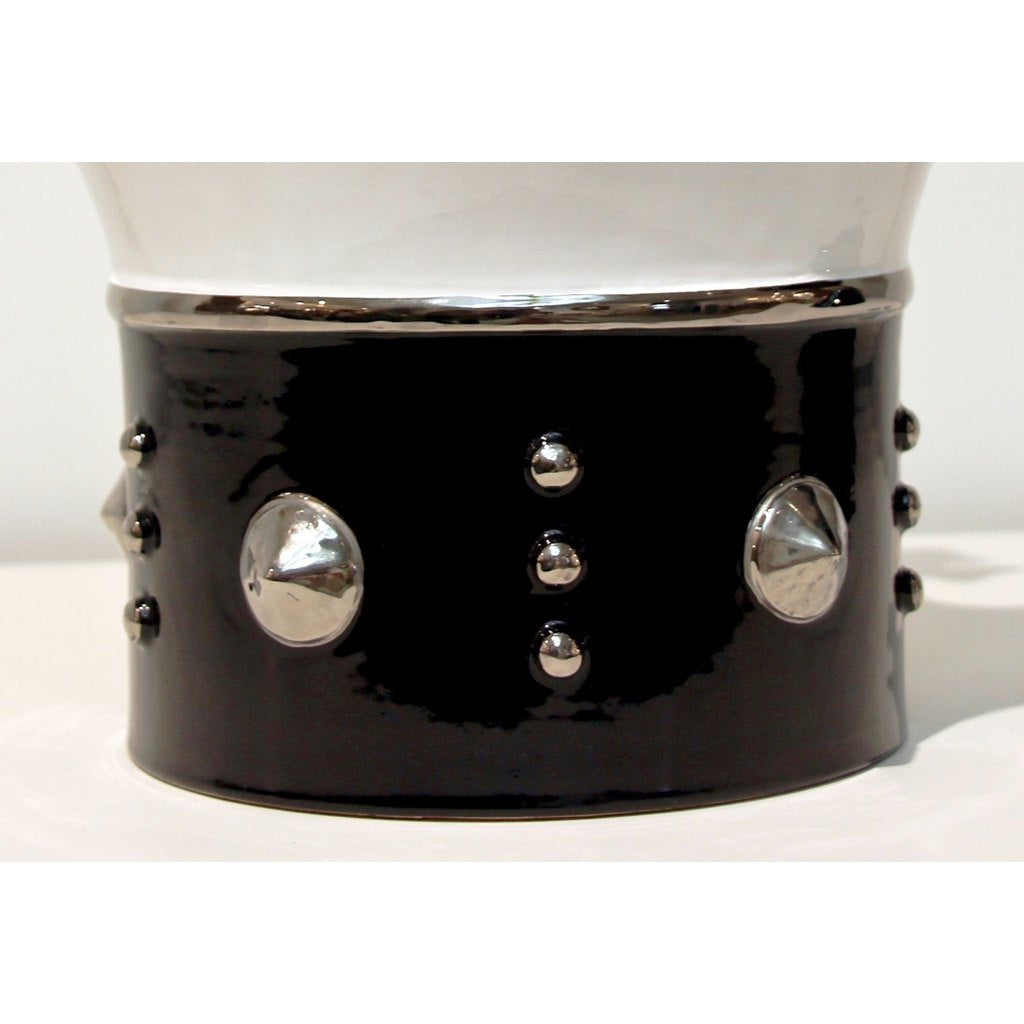 Contemporary Italian Enameled Black White Majolica Crown Bowl & Platinum Accents