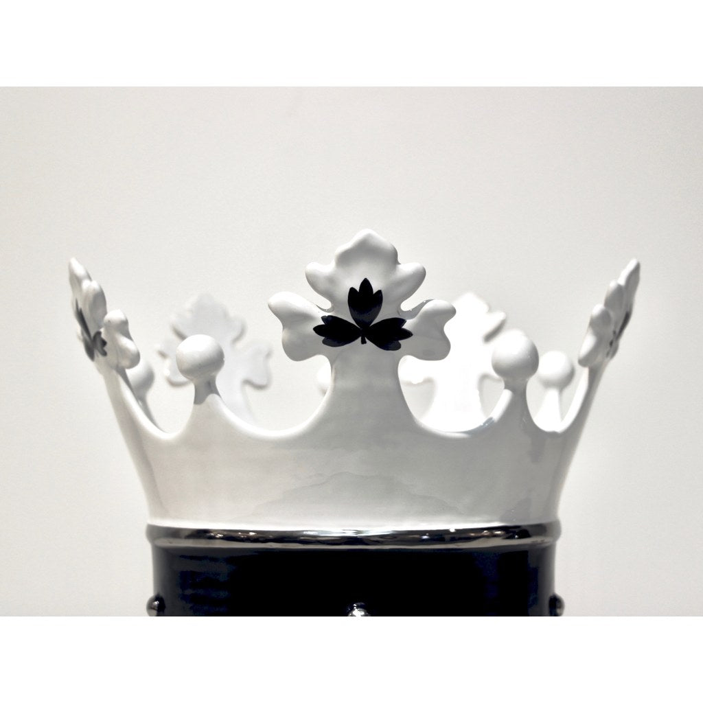 Contemporary Italian Enameled Black White Majolica Crown Bowl & Platinum Accents