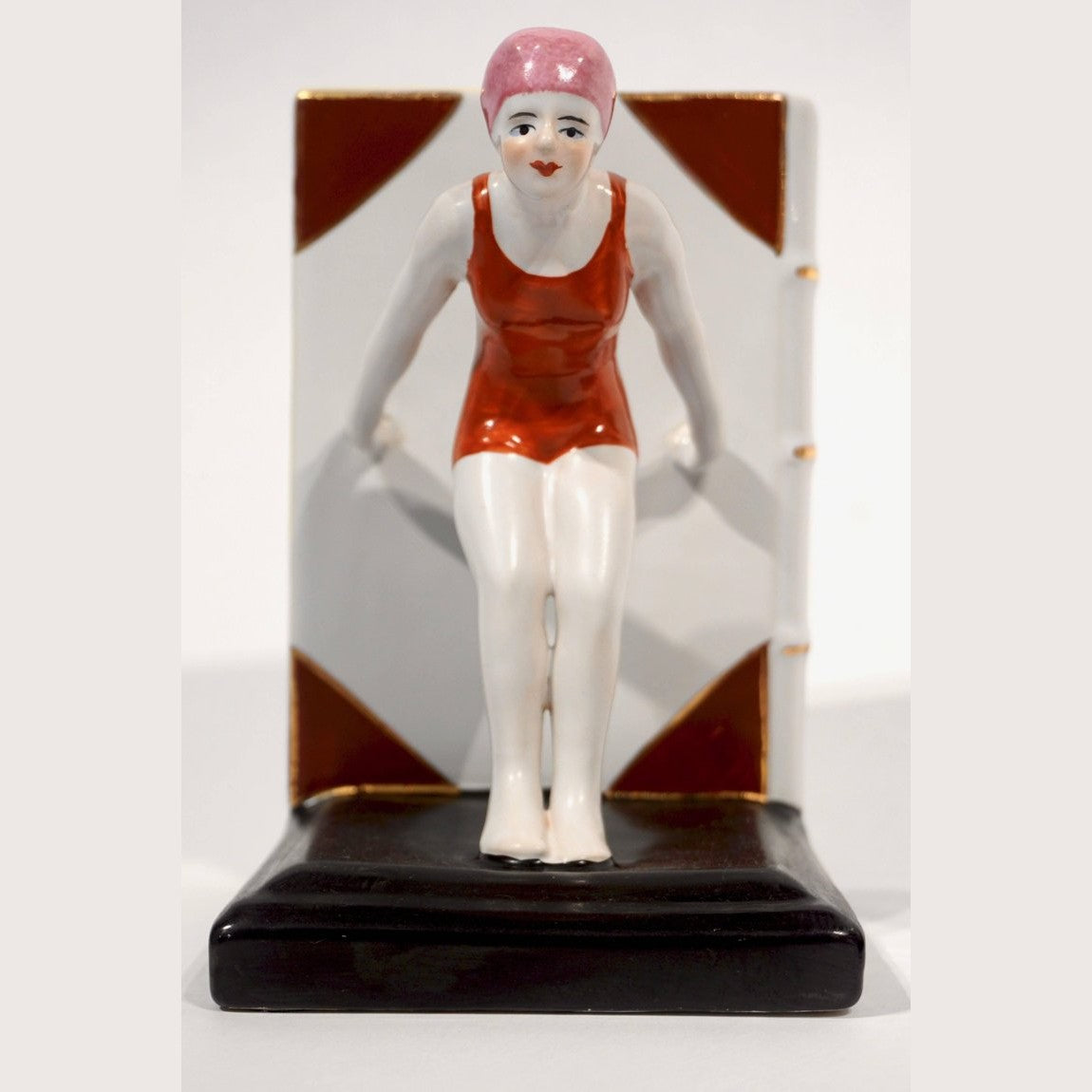 Italian 1930 Art Deco Ceramic Female Diving Figure in Red Bathing Suit Bookends