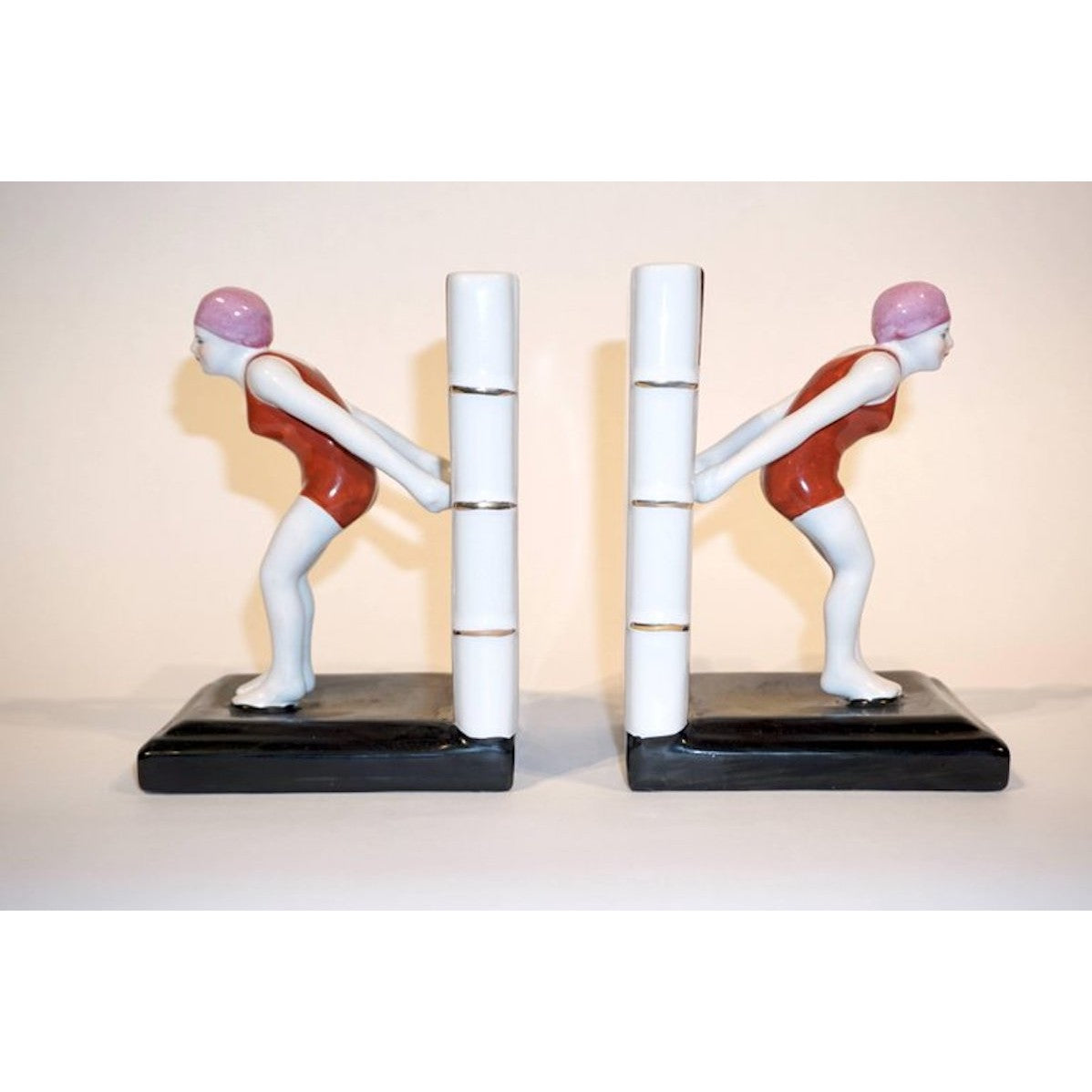 Italian 1930 Art Deco Ceramic Female Diving Figure in Red Bathing Suit Bookends