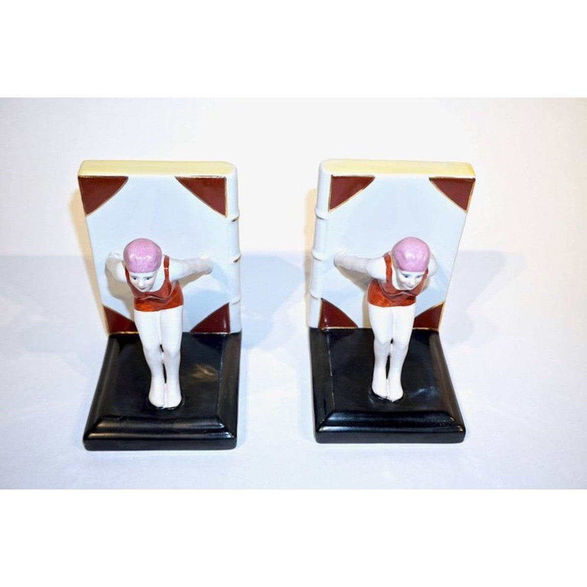 Italian 1930 Art Deco Ceramic Female Diving Figure in Red Bathing Suit Bookends