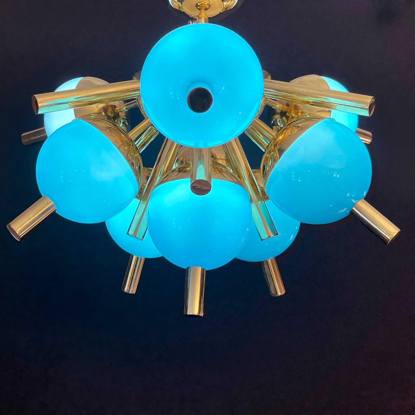 Custom Italian Turquoise Gold Murano Brass Sputnik Globe Flushmount Chandeliers