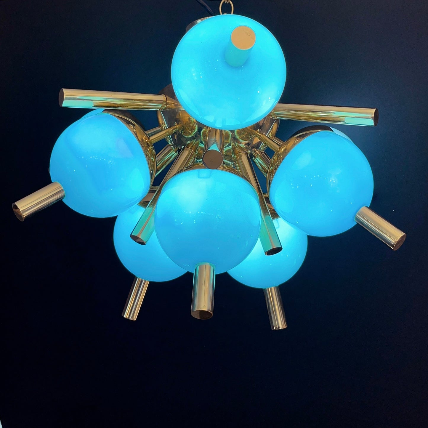 Custom Italian Turquoise Gold Murano Brass Sputnik Globe Flushmount Chandeliers