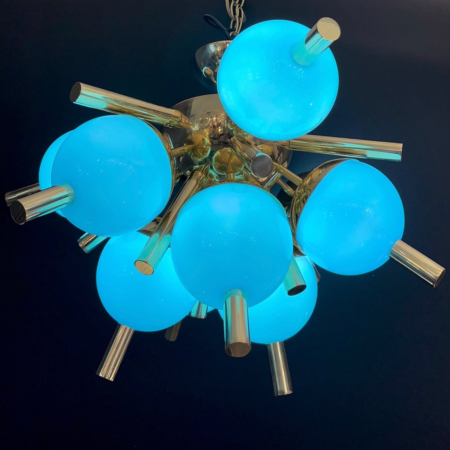 Custom Italian Turquoise Gold Murano Brass Sputnik Globe Flushmount Chandeliers
