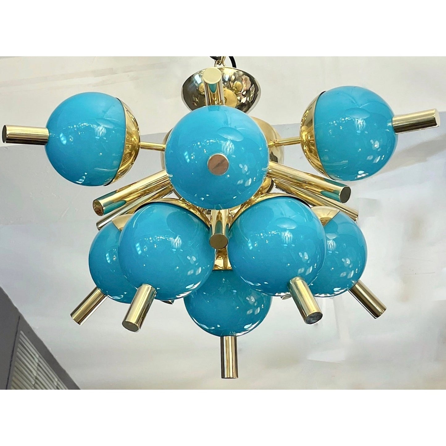 Custom Italian Turquoise Gold Murano Brass Sputnik Globe Flushmount Chandeliers