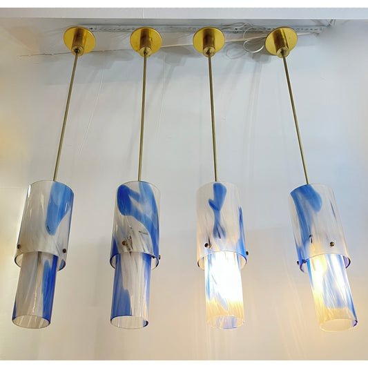 1960s Venini Organic White Blue Gold Murano Glass Tall Pair Modern Pendants