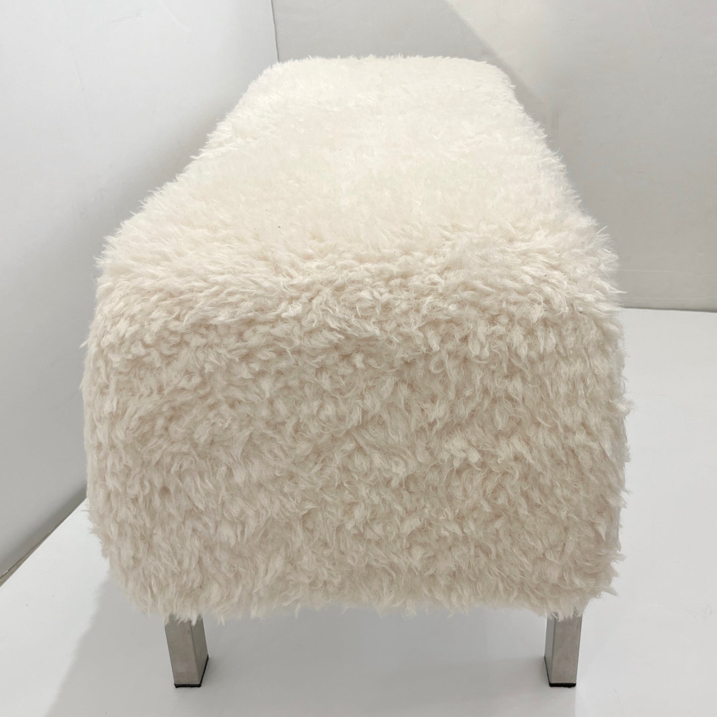 1970 Italian Vintage White Himalayan Faux Fur Steel Bed Stool Bench