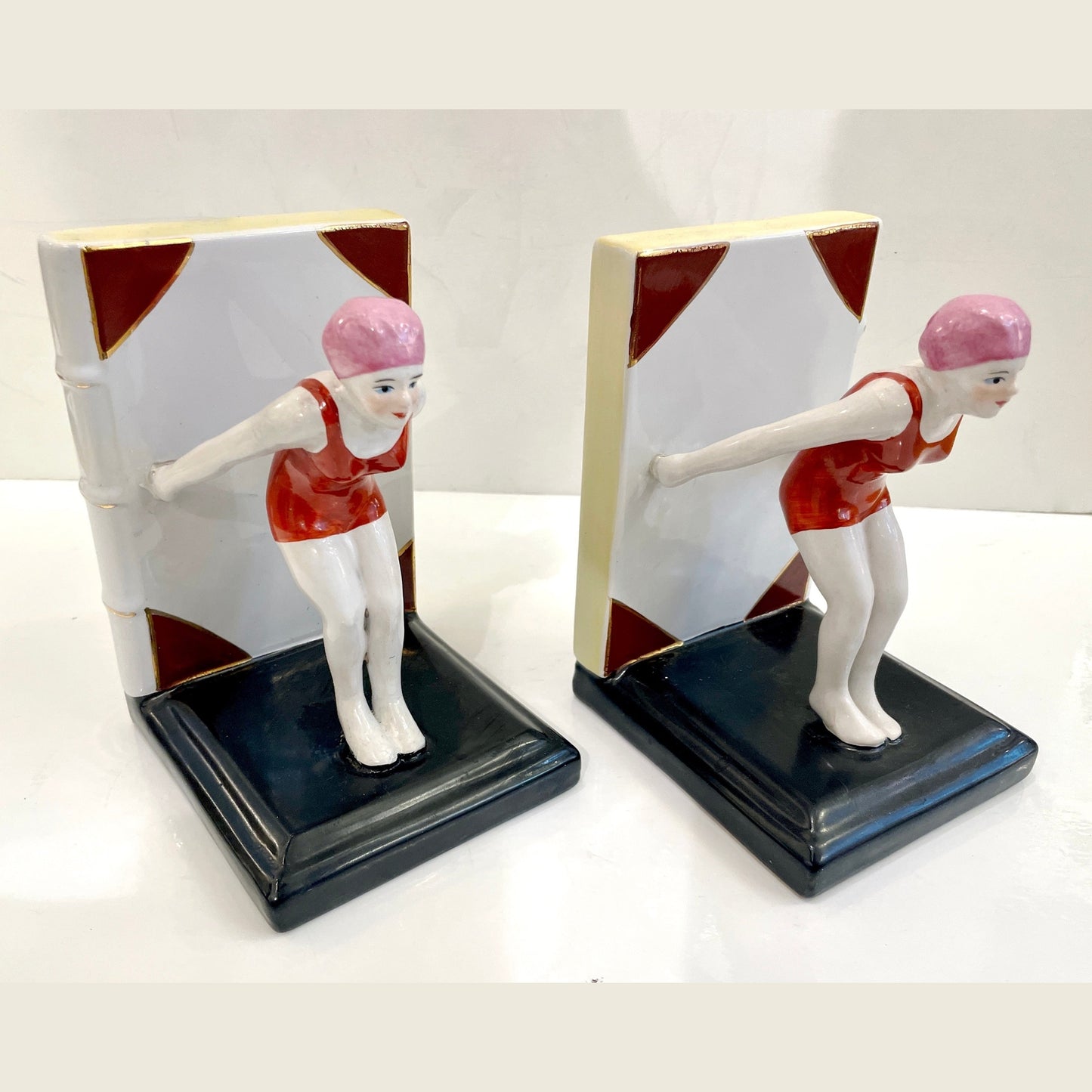 Italian 1930 Art Deco Ceramic Female Diving Figure in Red Bathing Suit Bookends