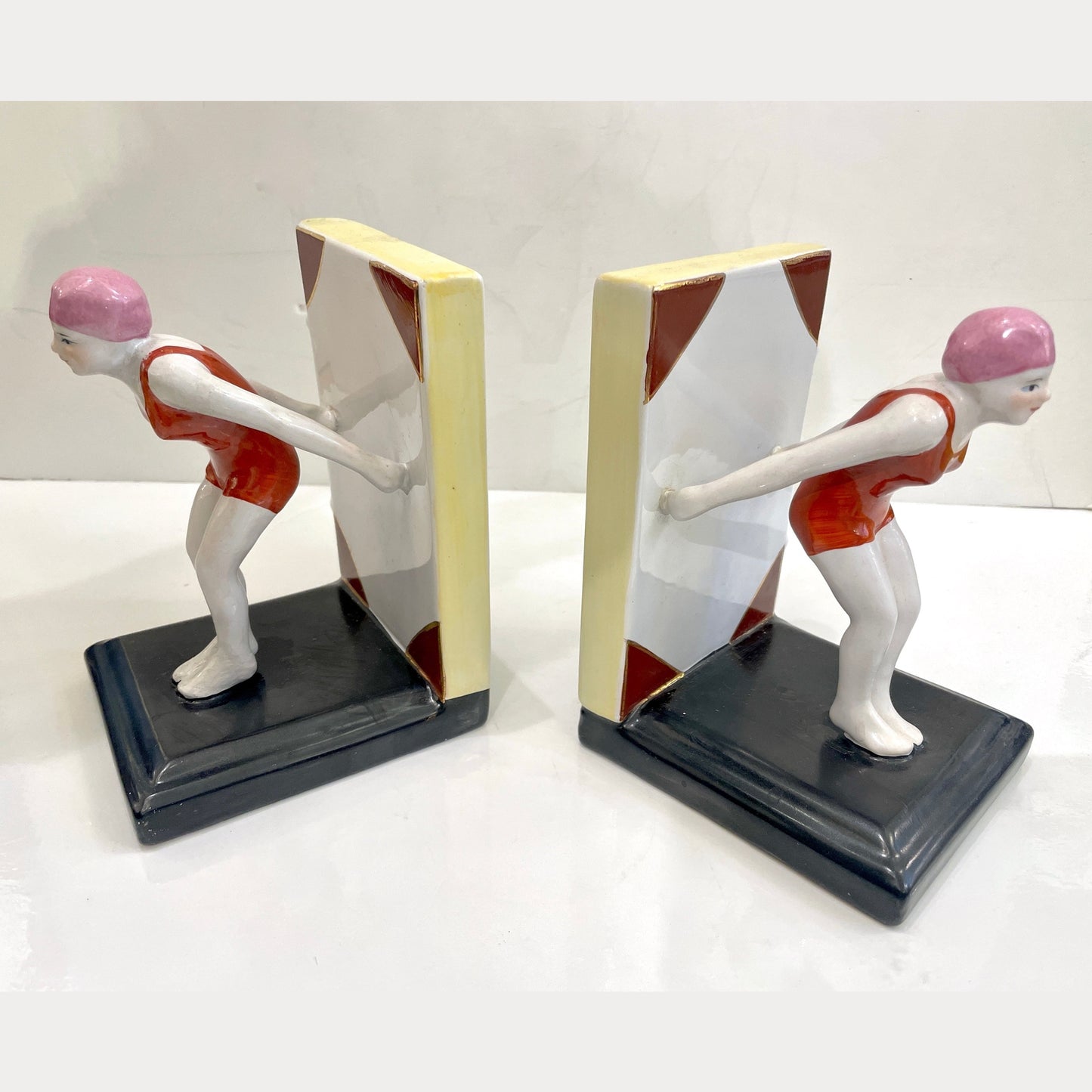 Italian 1930 Art Deco Ceramic Female Diving Figure in Red Bathing Suit Bookends