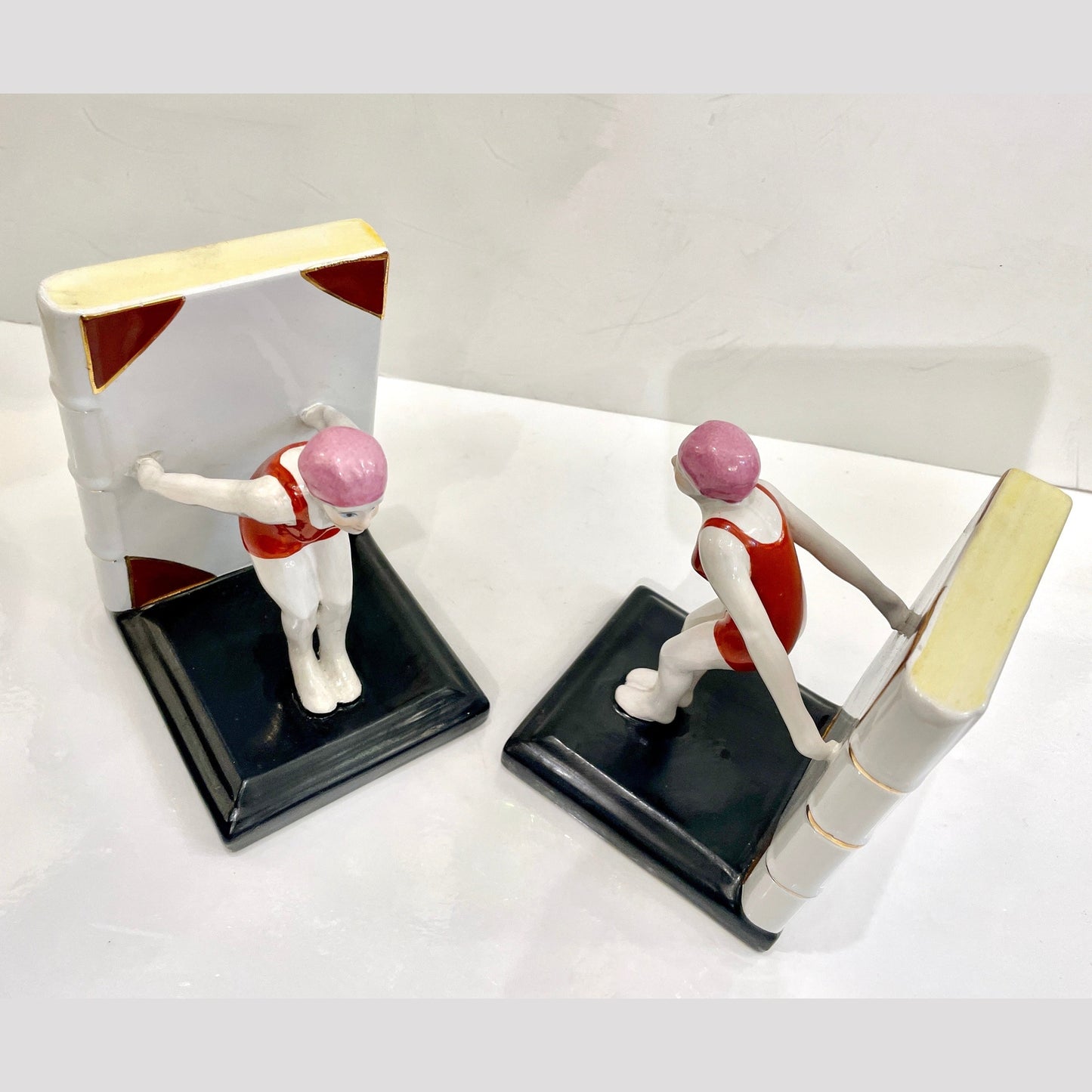 Italian 1930 Art Deco Ceramic Female Diving Figure in Red Bathing Suit Bookends