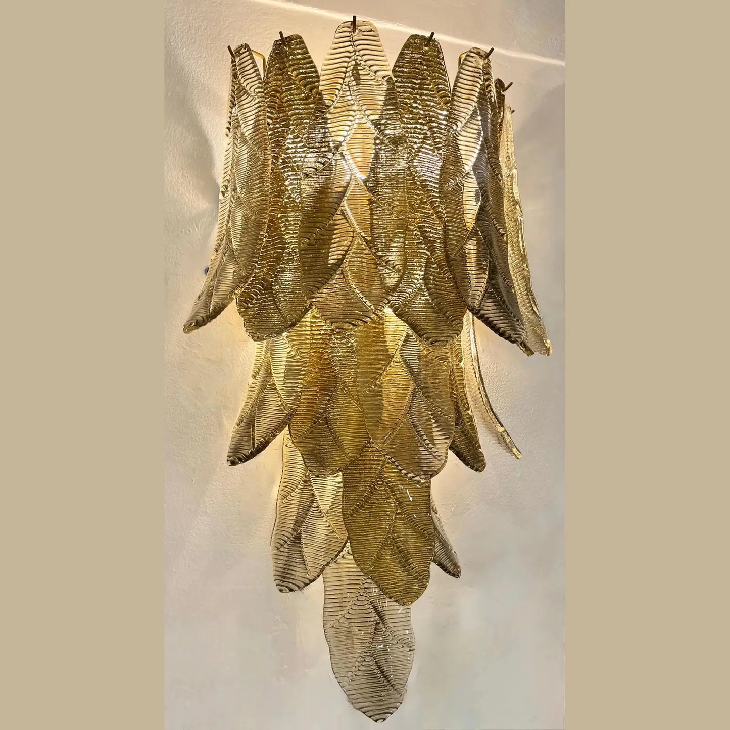 Contemporary Monumental Tall Cascading Smoked Gold Murano Glass Leaf Wall Lights