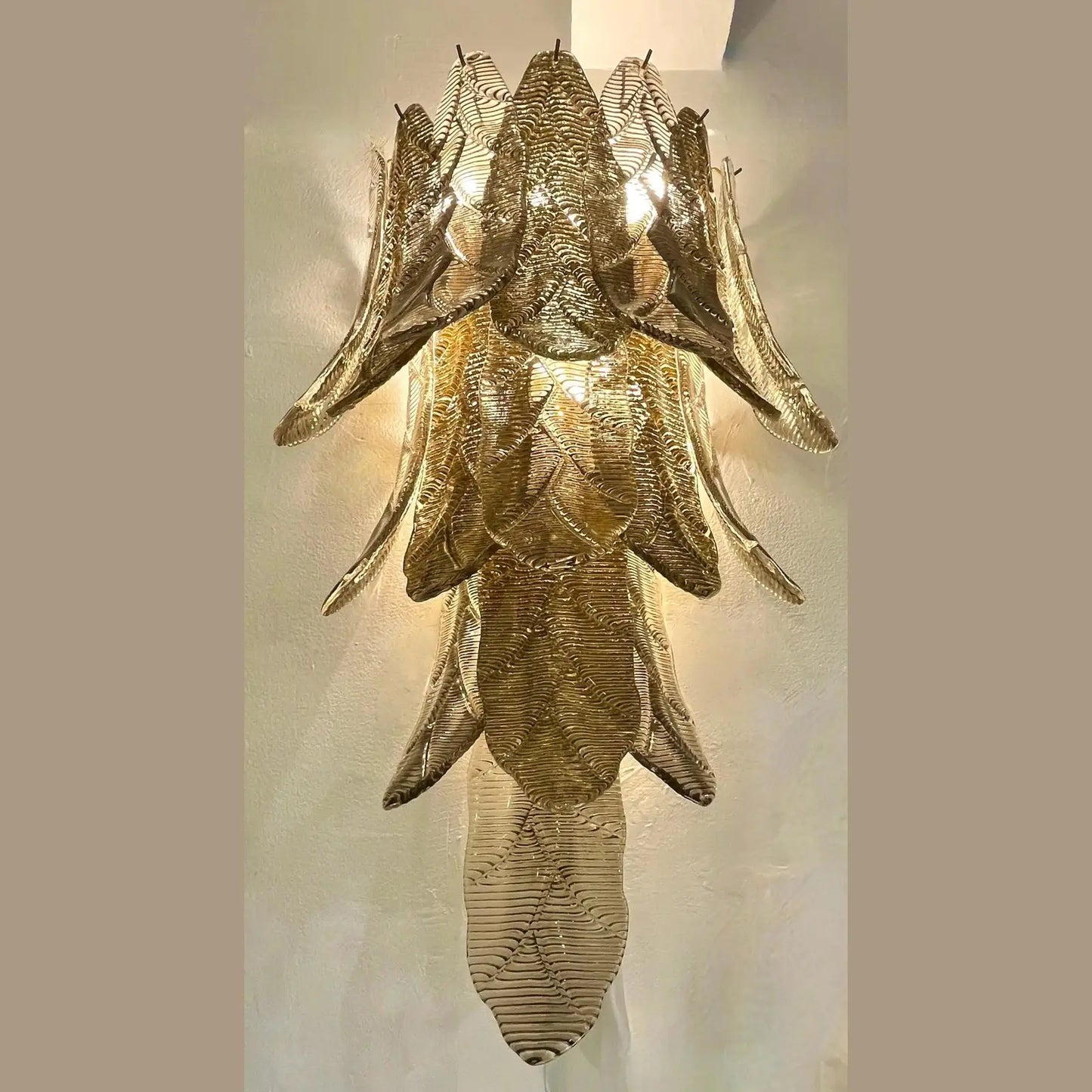 Contemporary Monumental Tall Cascading Smoked Gold Murano Glass Leaf Wall Lights