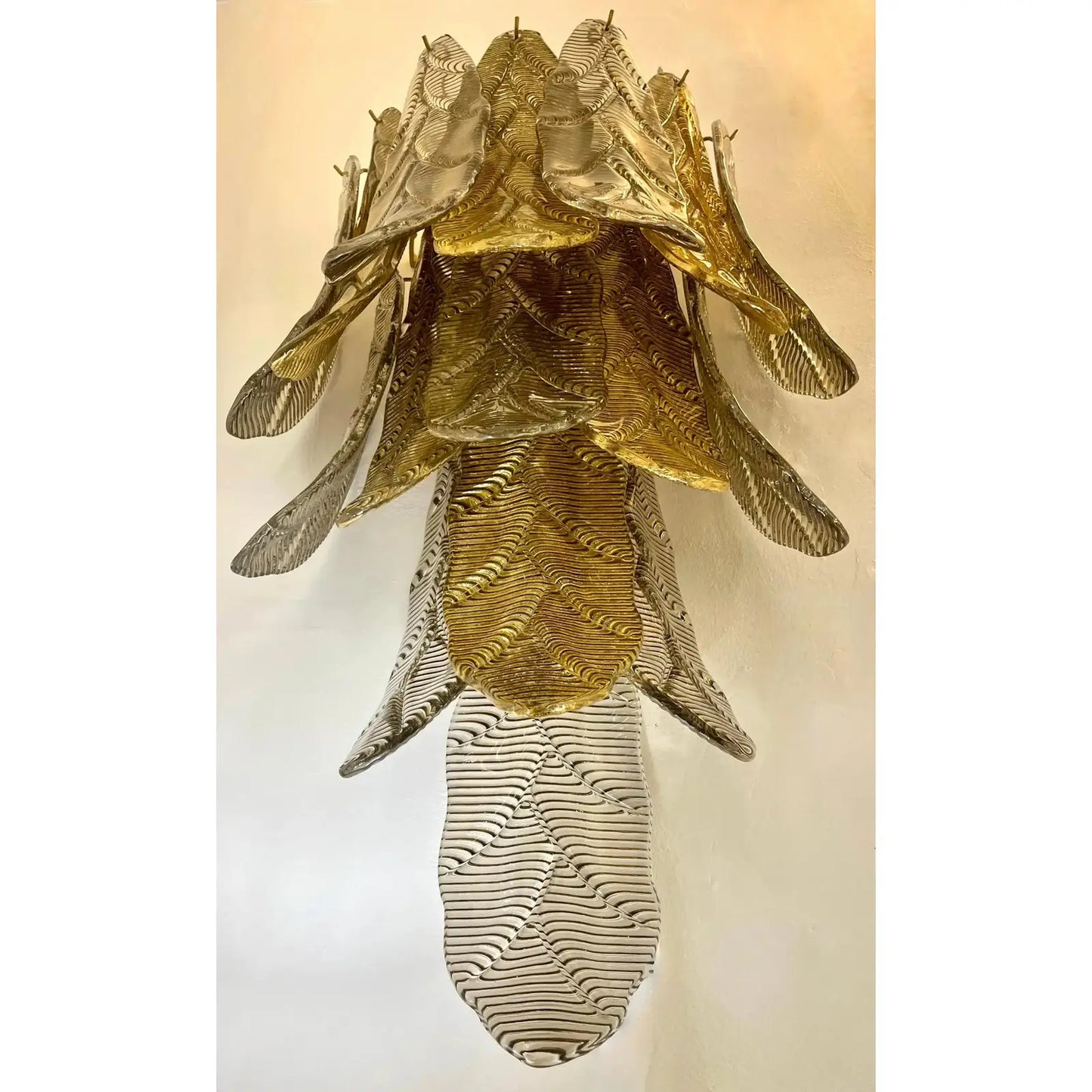 Contemporary Monumental Tall Cascading Smoked Gold Murano Glass Leaf Wall Lights