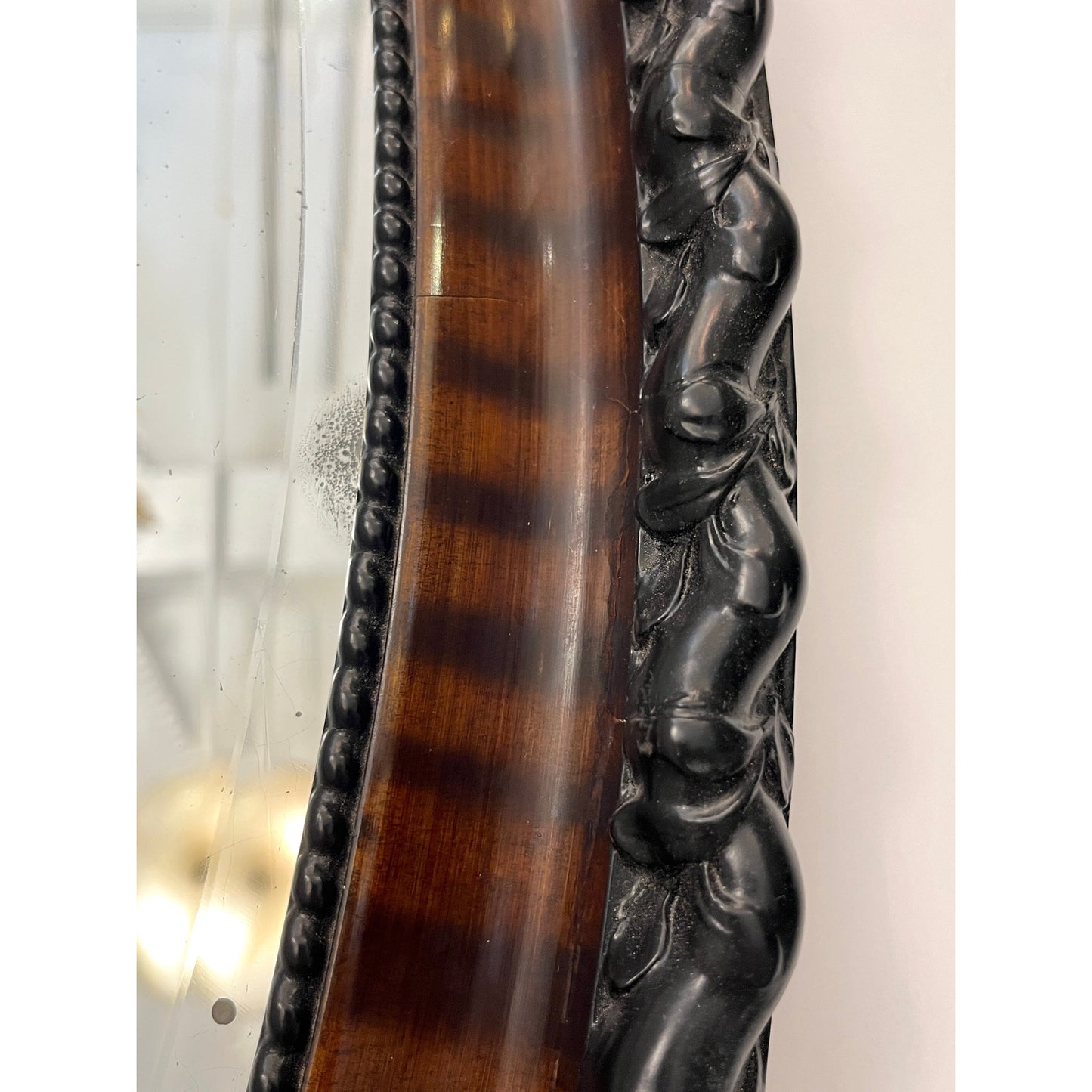 Antique English Edwardian Ebony Macassar Veneer Black Brown Oval Mirror