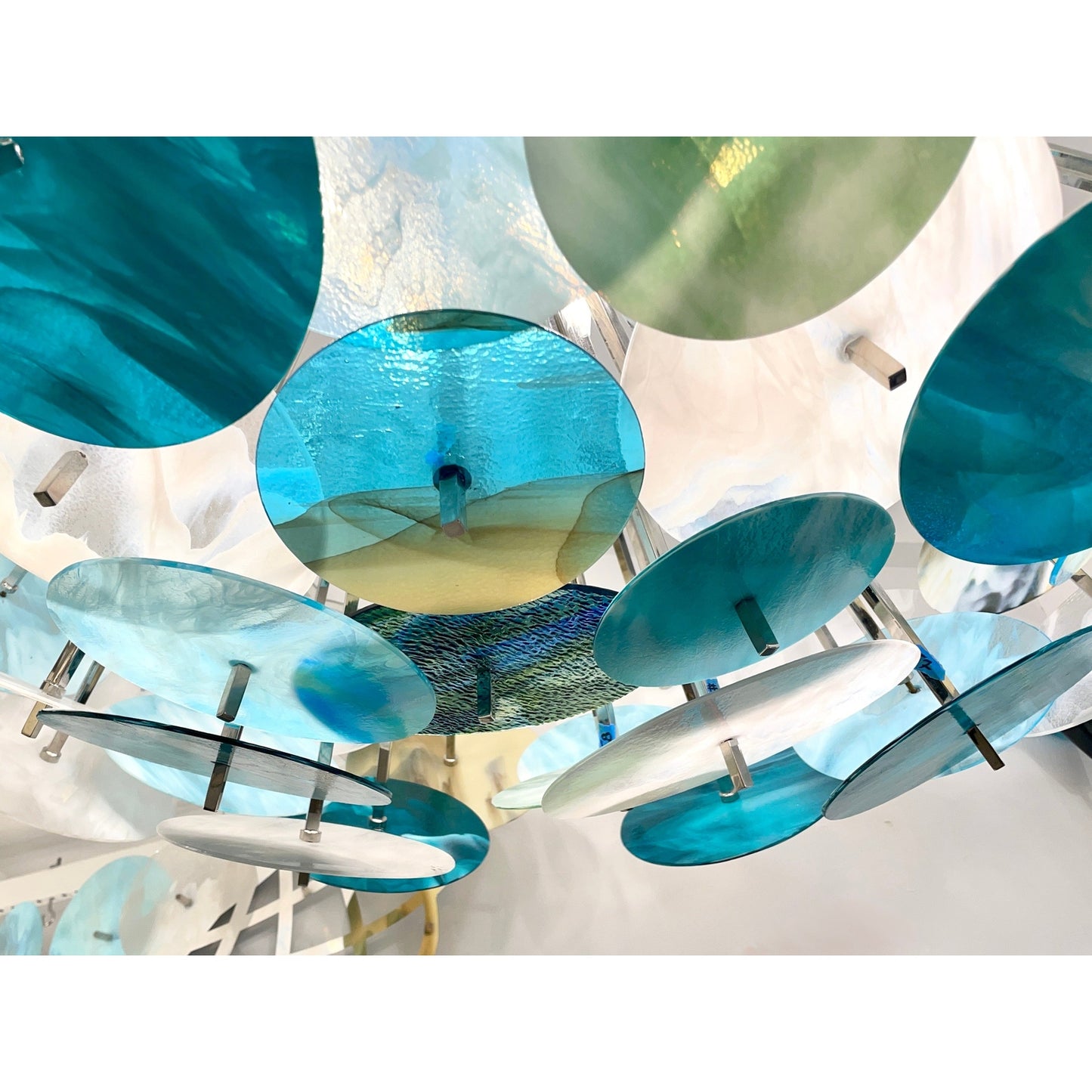 Modern Italian Aqua Blue Green White Cream Murano Glass Nickel Sputnik Flushmount
