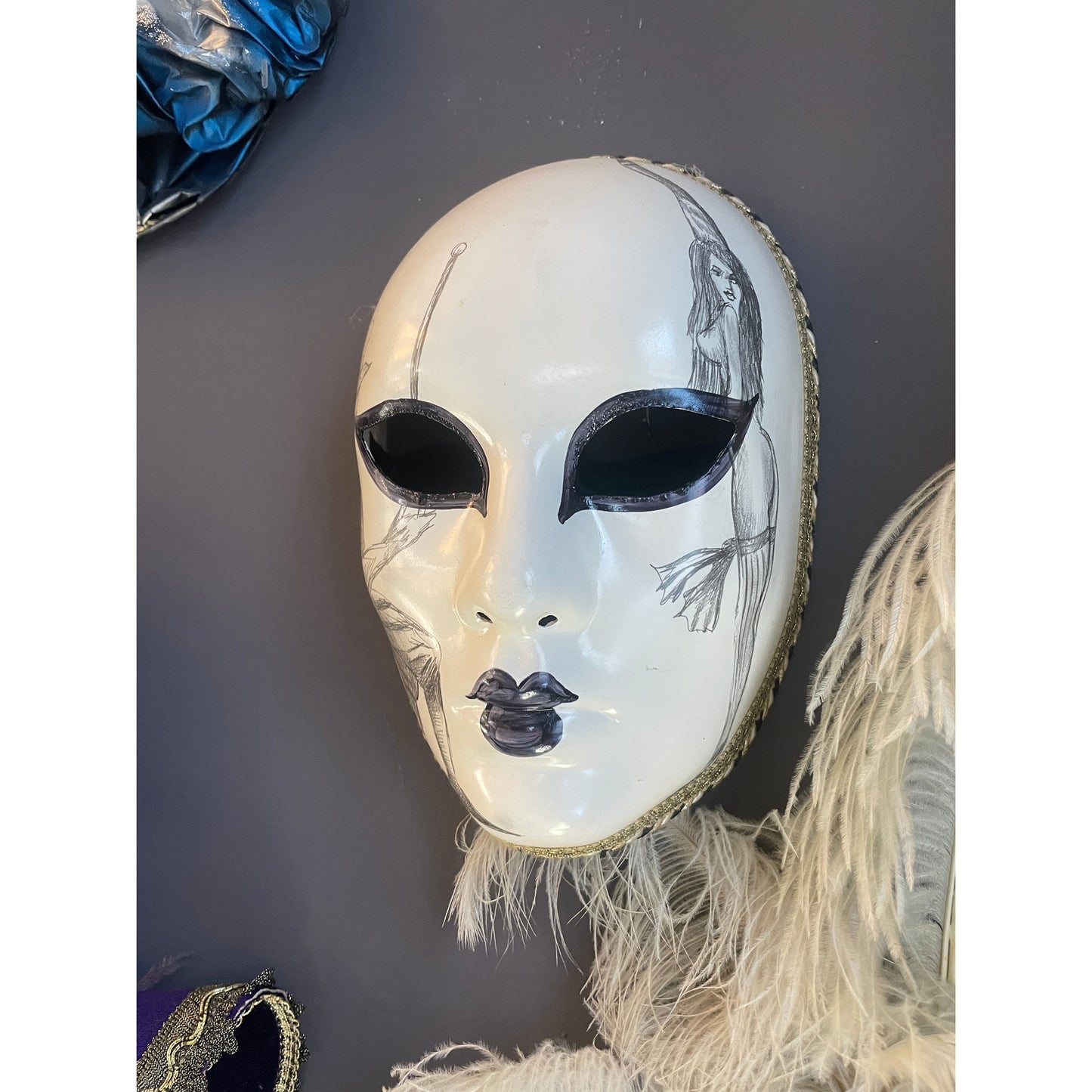 2000 Italian Venetian Handcrafted Pencil Black White Gold Modern Carnival Mask