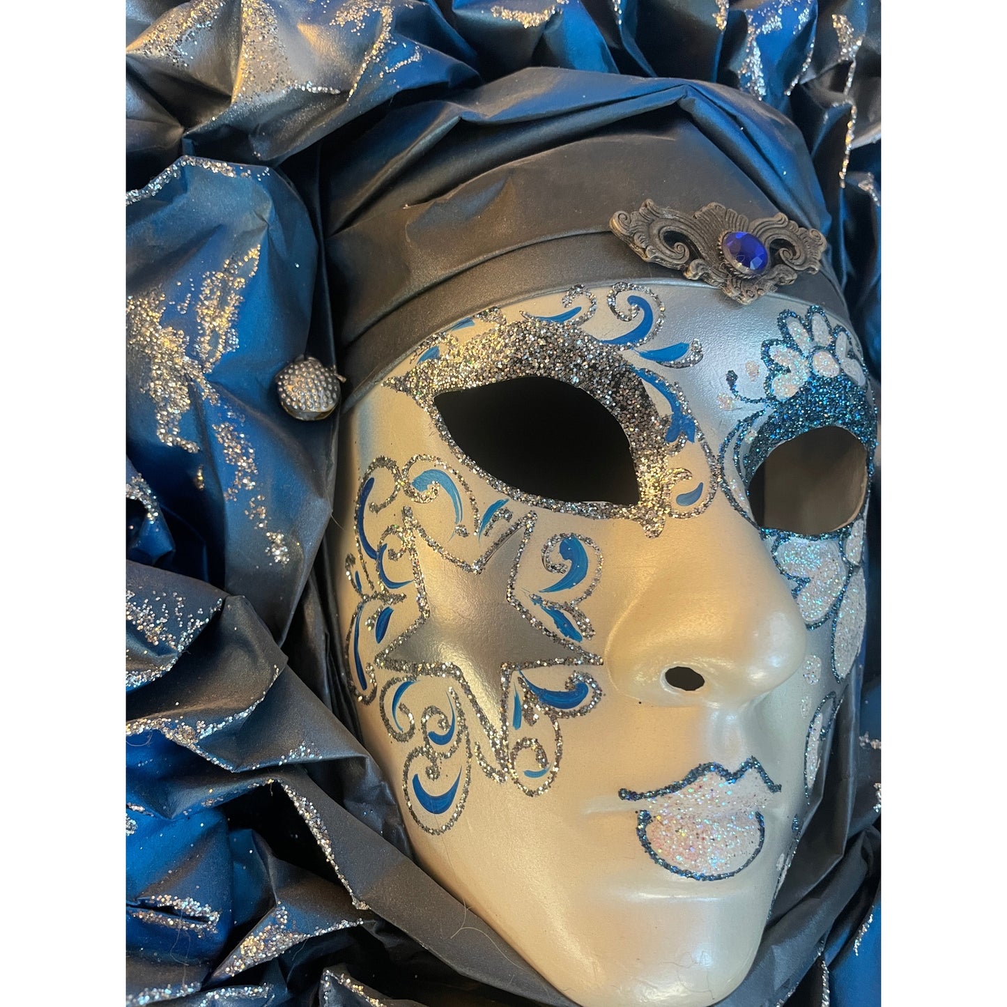 Italian Modern Venetian Carnival Handmade Silver White Blue Mask Flower Pleat