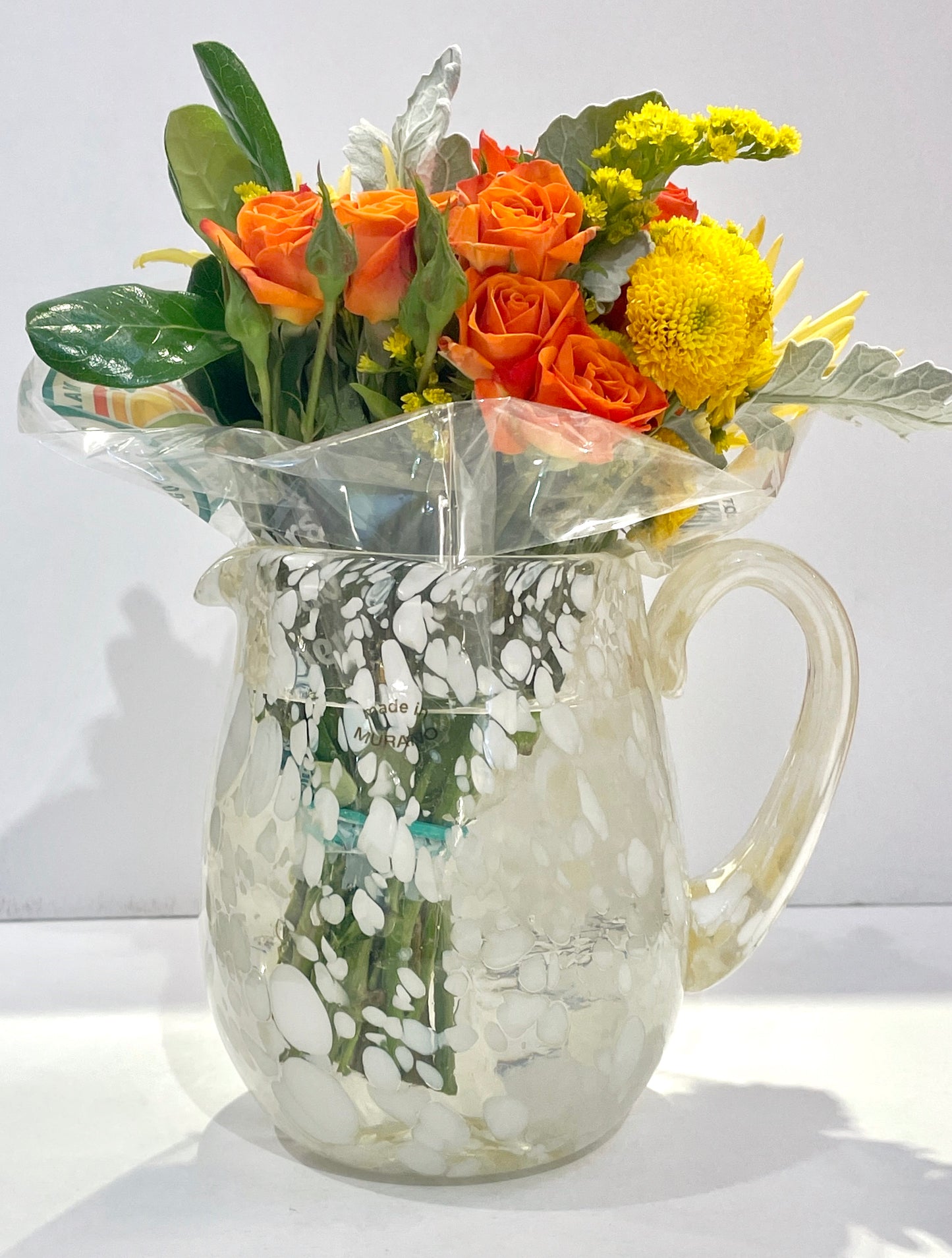 Italian Mottled Murano Glass Modern Pitcher Jug with White Murrine