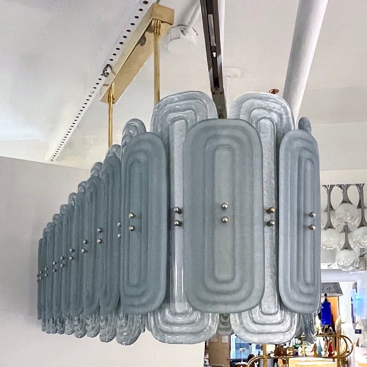 Italian Fontana Arte Style Pearl Aqua Blue Murano Glass Oval Brass Chandelier