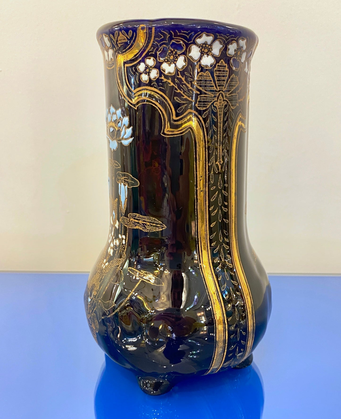 Art Nouveau French Antique Ceramic Vase in Blue Majolica with White Gold Flowers