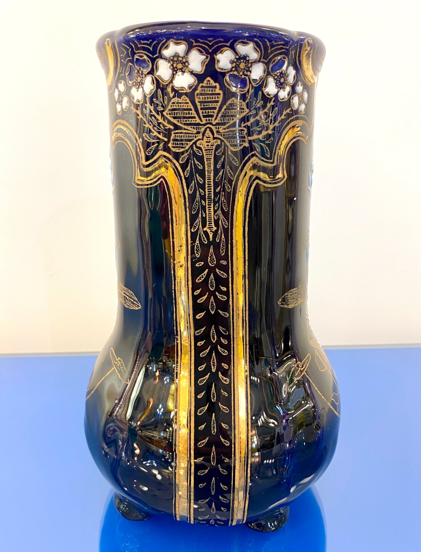 Art Nouveau French Antique Ceramic Vase in Blue Majolica with White Gold Flowers