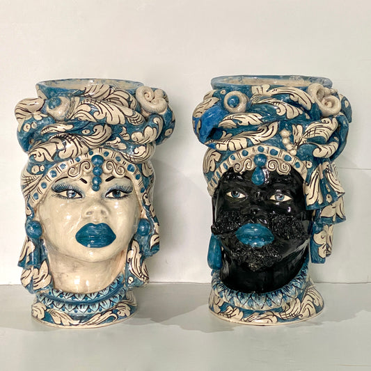 Vintage Italian Signed Black White Blue Moorish Man Woman Sculpture Head Vases