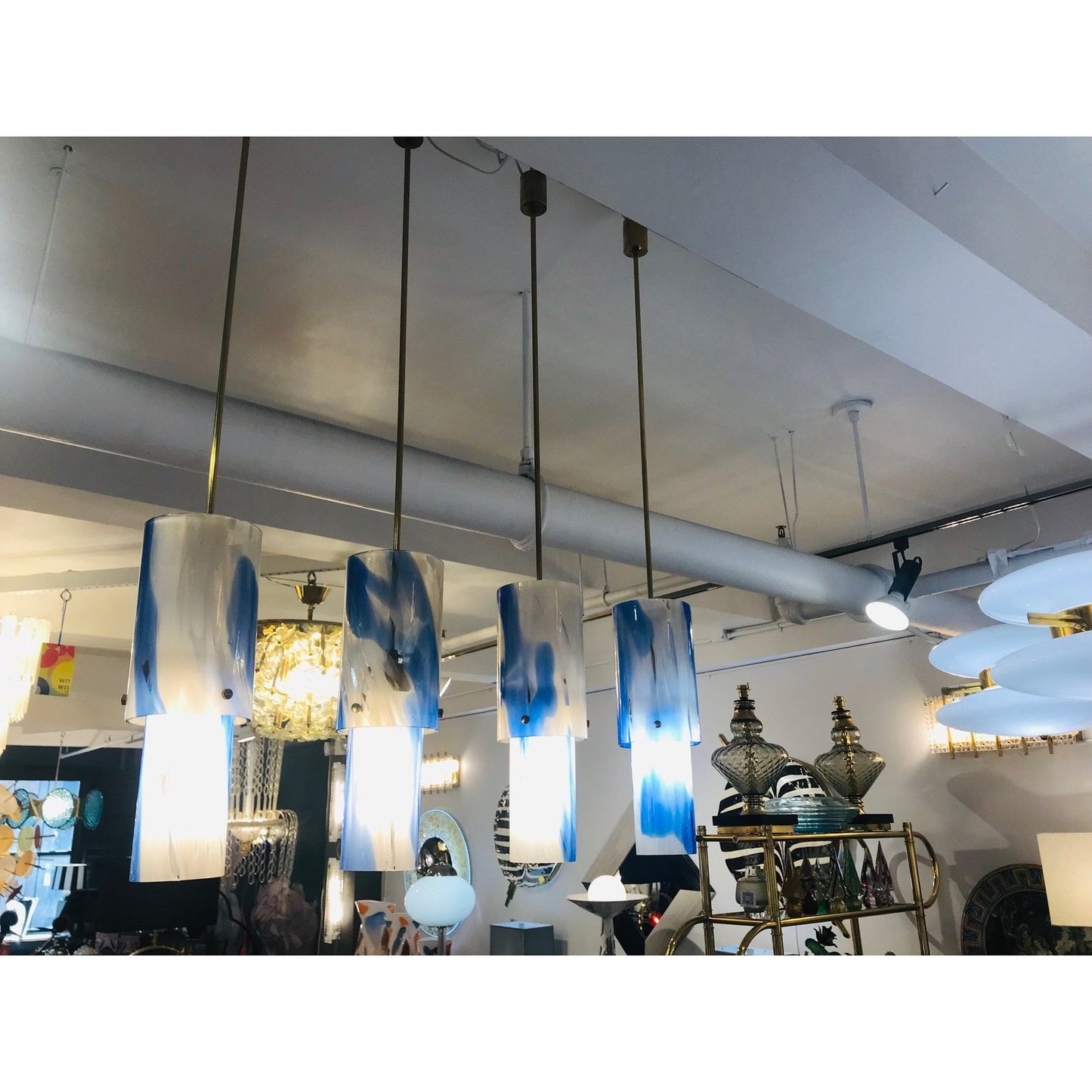 1960s Italian Vintage Venini White Blue Gold Cylindrical Brass Pendants