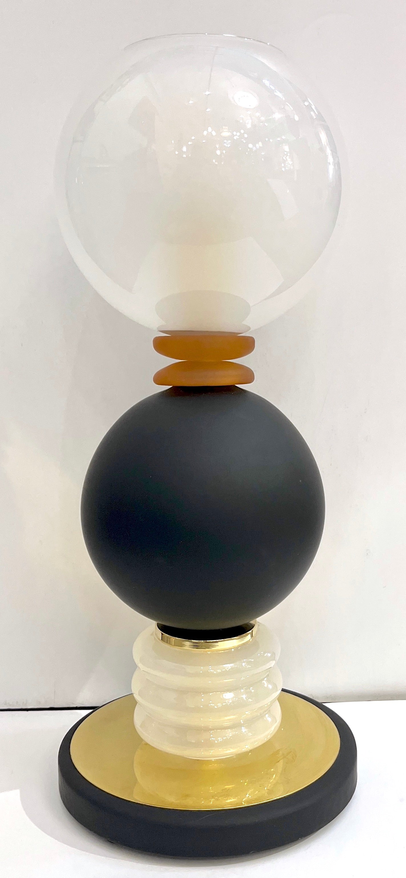 1980s Vintage Italian Pair of Frosted White Matte Black Glass Sphere Table Lamps
