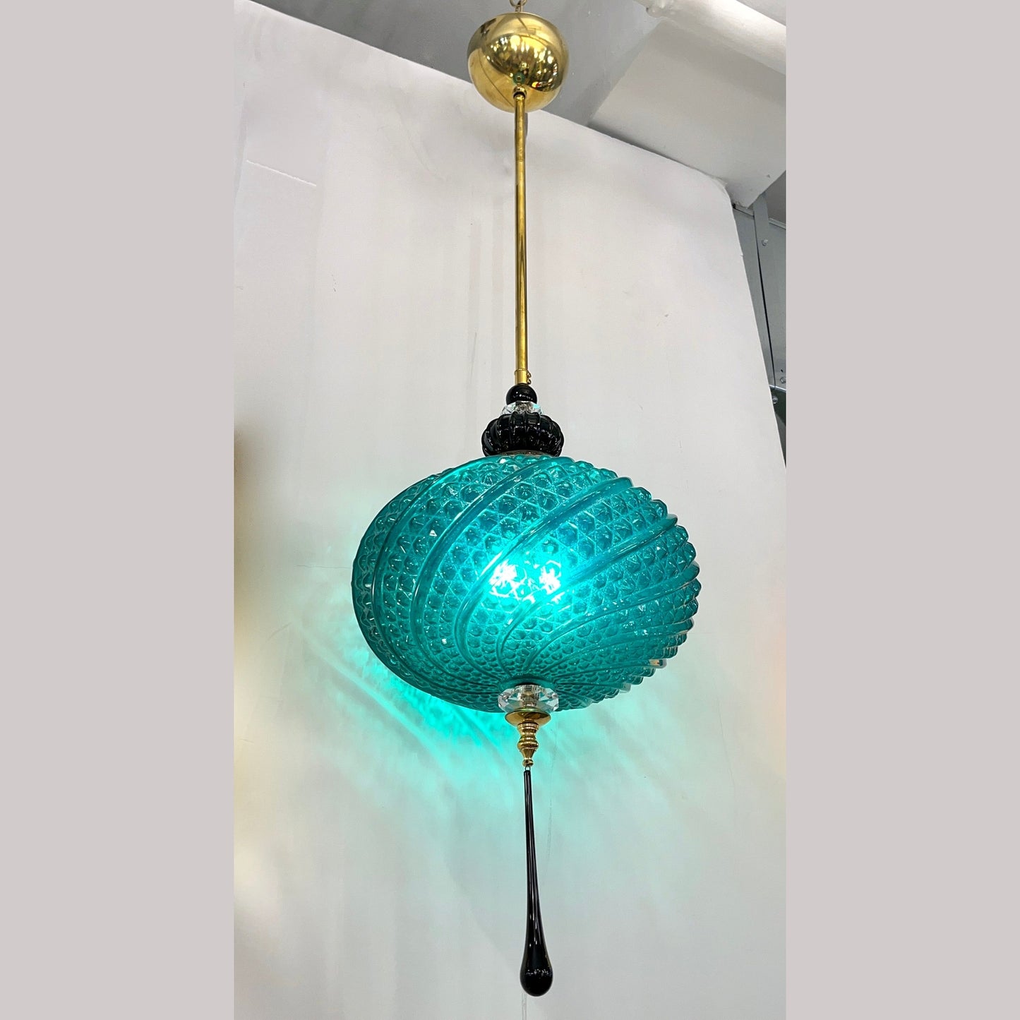 Bespoke Italian Horizontal Emerald Green Black Murano Glass Brass Oval Pendant