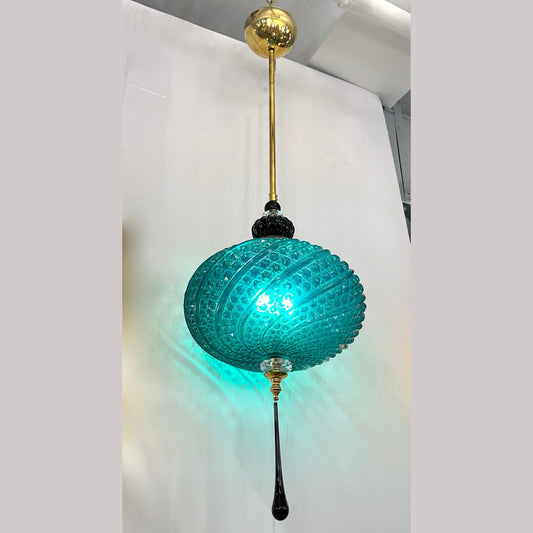 Bespoke Italian Horizontal Emerald Green Black Murano Glass Brass Oval Pendant