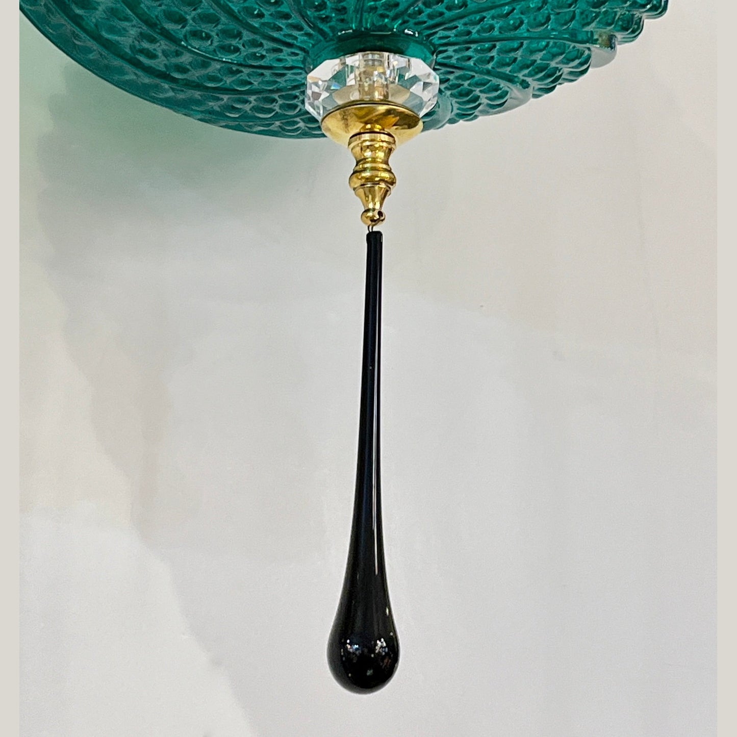 Bespoke Italian Horizontal Emerald Green Black Murano Glass Brass Oval Pendant