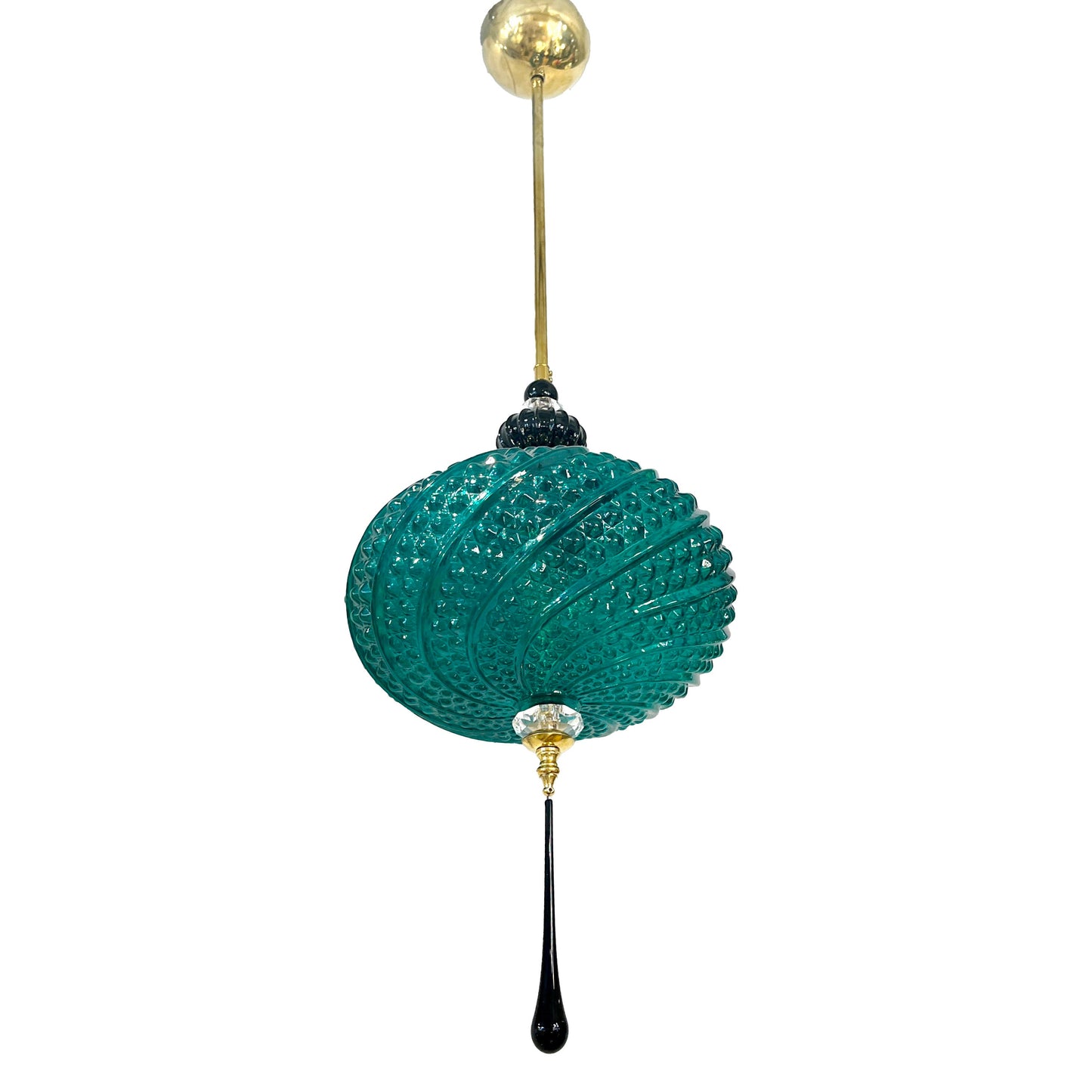 Bespoke Italian Horizontal Emerald Green Black Murano Glass Brass Oval Pendant