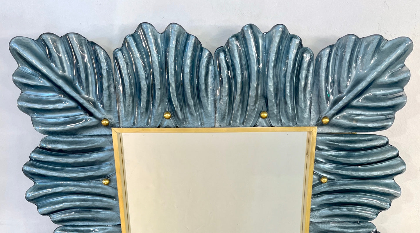 Bespoke Italian Modern Leaf Design Silver Teal Blue Murano Glass Brass Mirror
