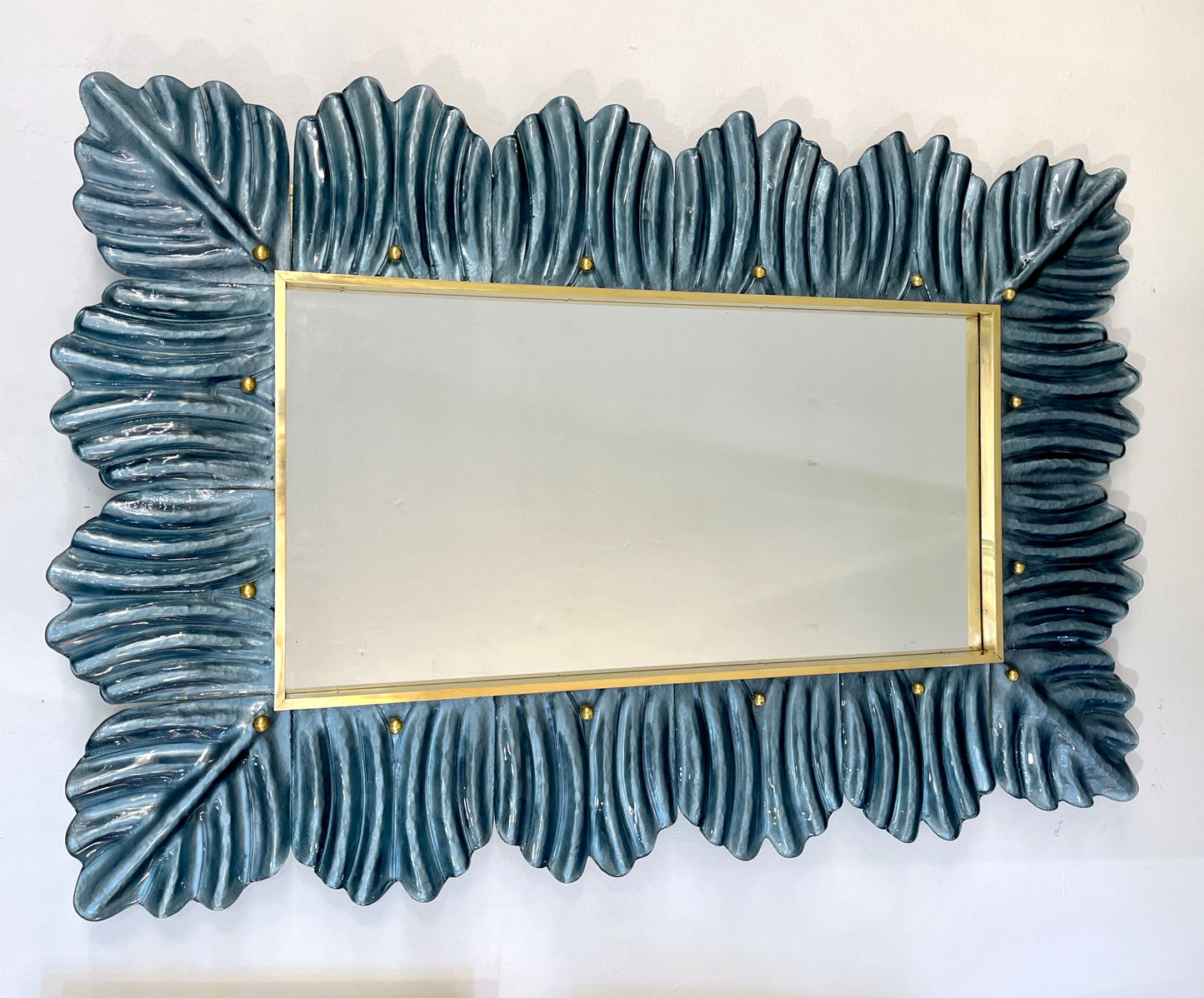 Bespoke Italian Modern Leaf Design Silver Teal Blue Murano Glass Brass Mirror