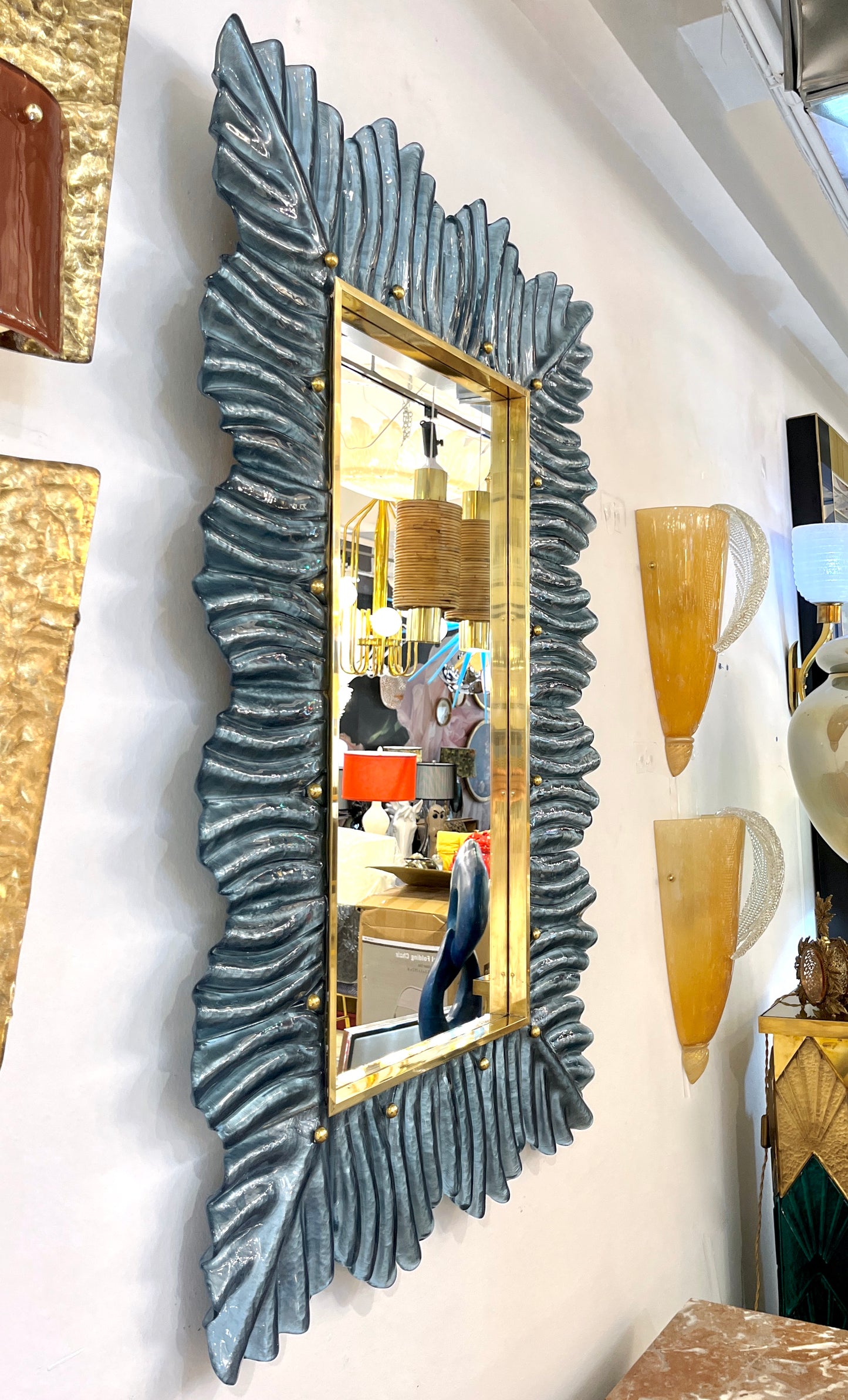 Bespoke Italian Modern Leaf Design Silver Teal Blue Murano Glass Brass Mirror