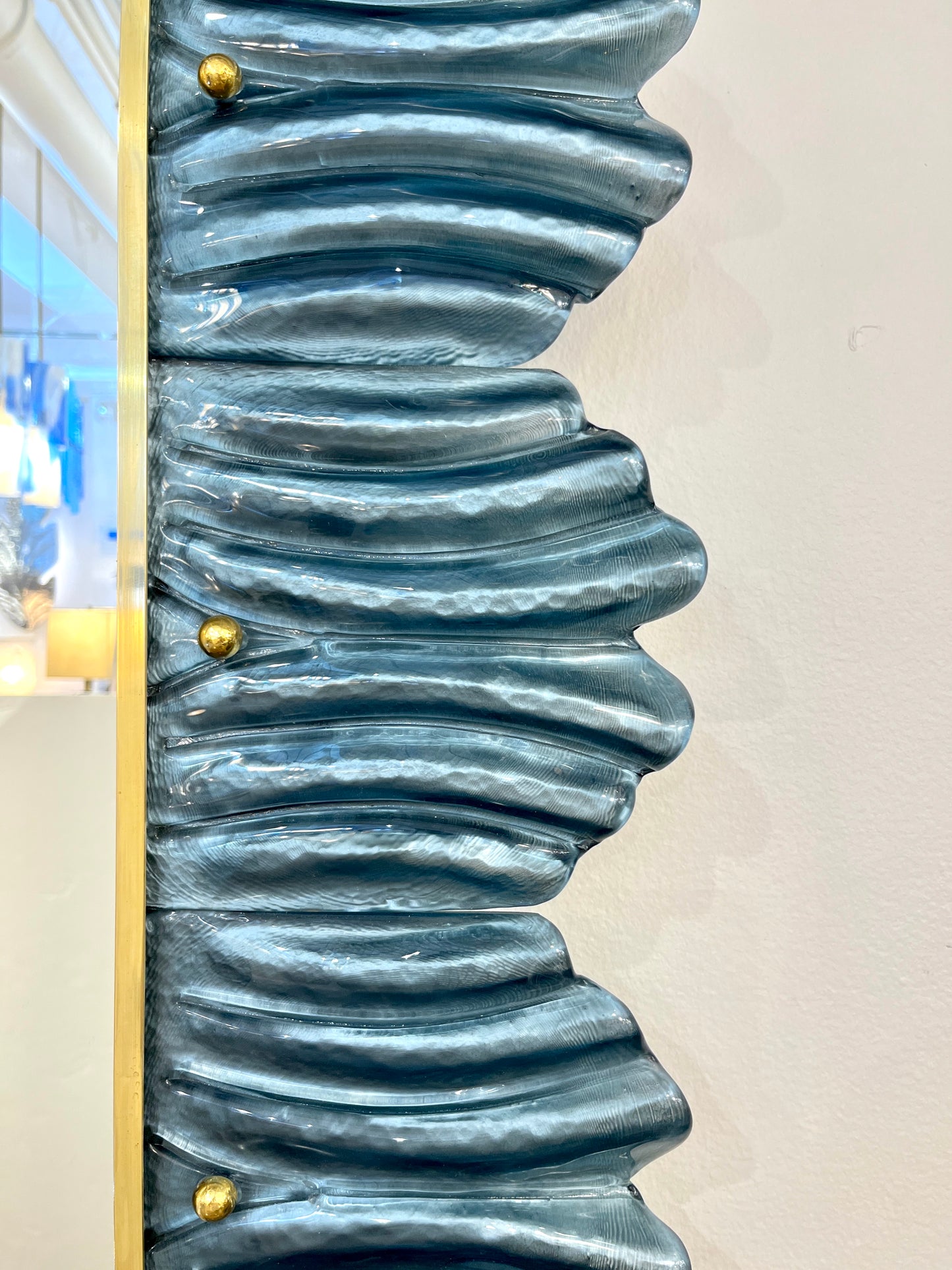 Bespoke Italian Modern Leaf Design Silver Teal Blue Murano Glass Brass Mirror