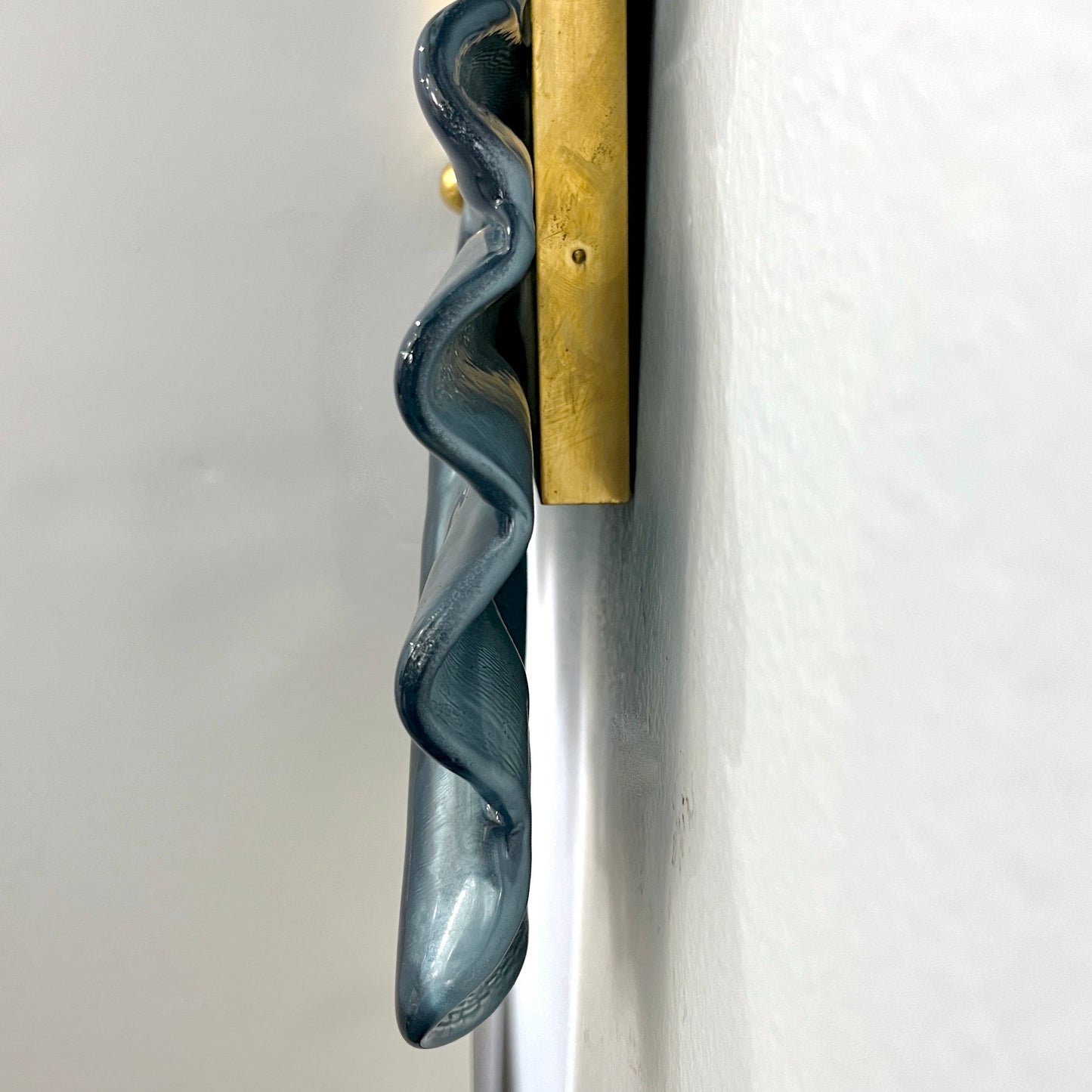 Bespoke Italian Modern Leaf Design Silver Teal Blue Murano Glass Brass Mirror