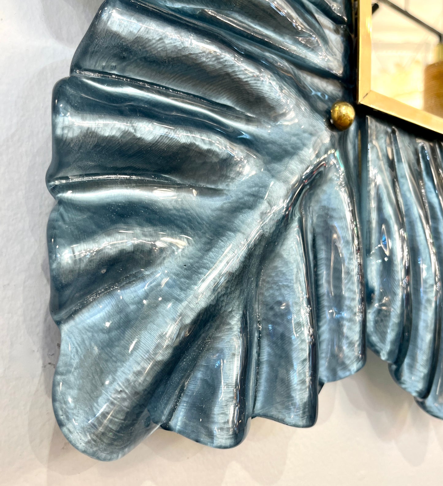 Bespoke Italian Modern Leaf Design Silver Teal Blue Murano Glass Brass Mirror