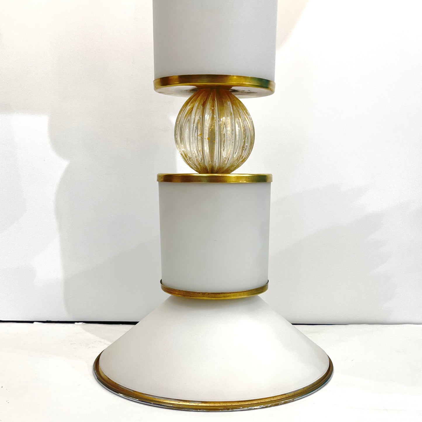 1950s Mid Century Italian Pair Tall White Gold Murano Glass Lamps & Mica Shades