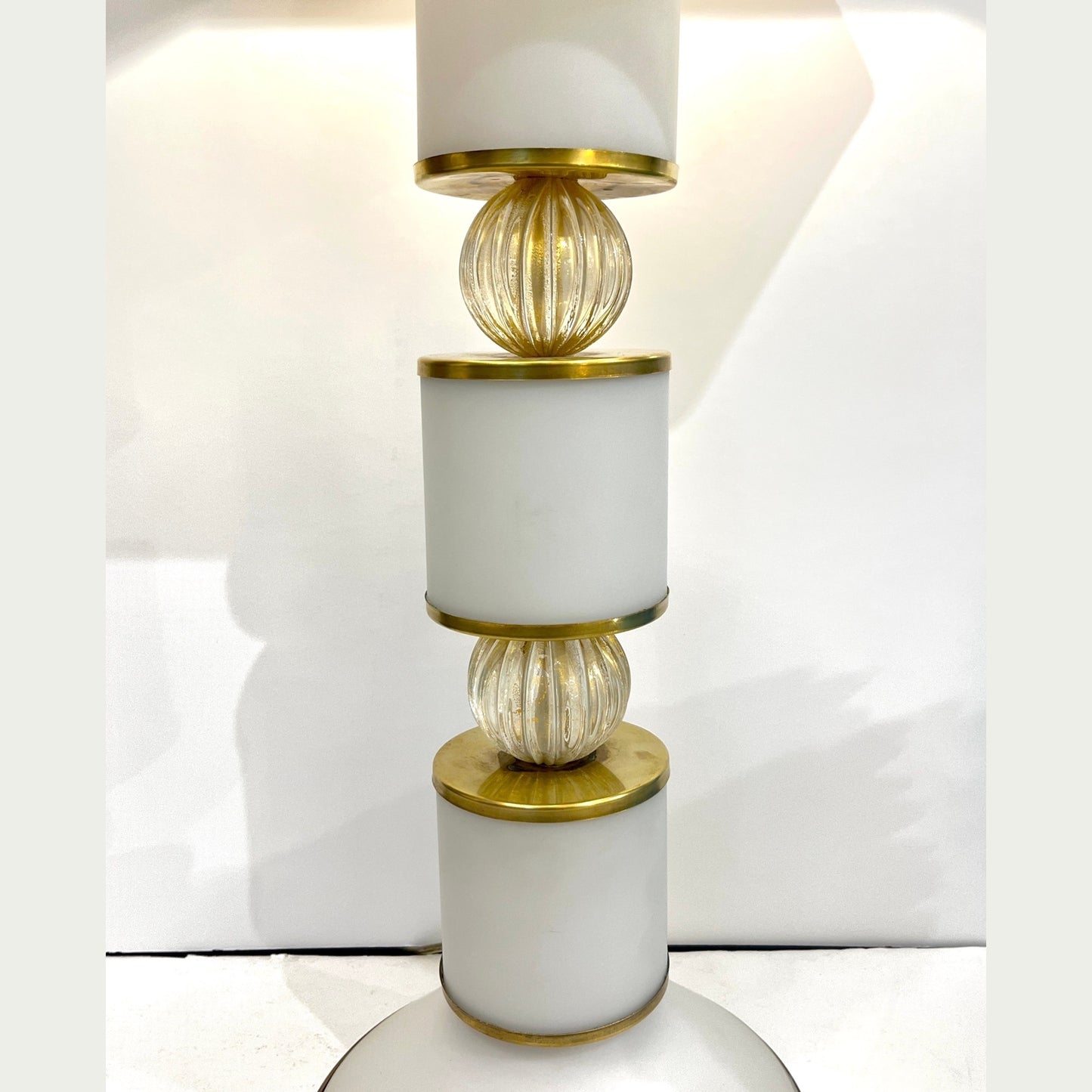 1950s Mid Century Italian Pair Tall White Gold Murano Glass Lamps & Mica Shades