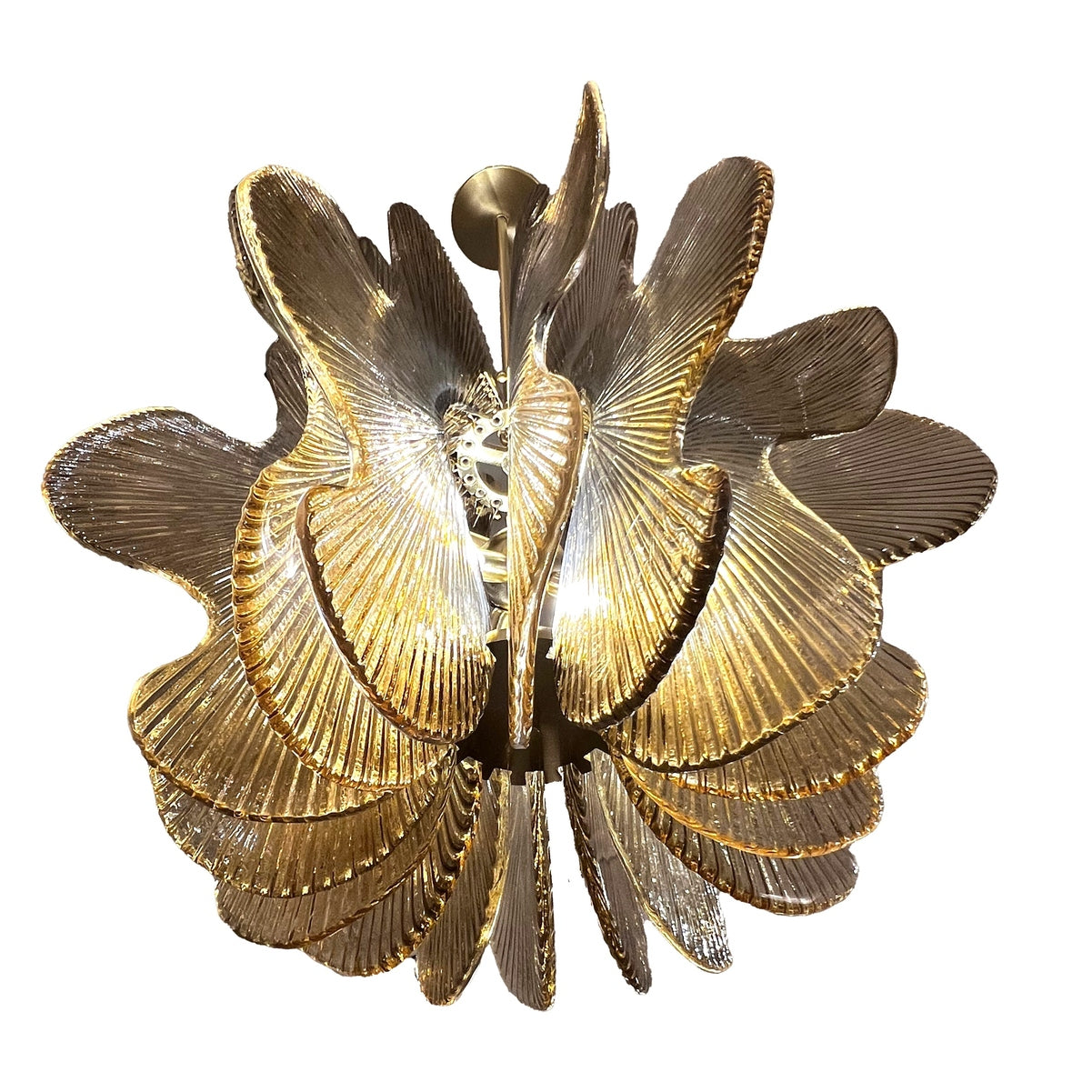 Modern Italian Wavy Beige Textured Murano Glass Satin Brass Pendant/Chandelier