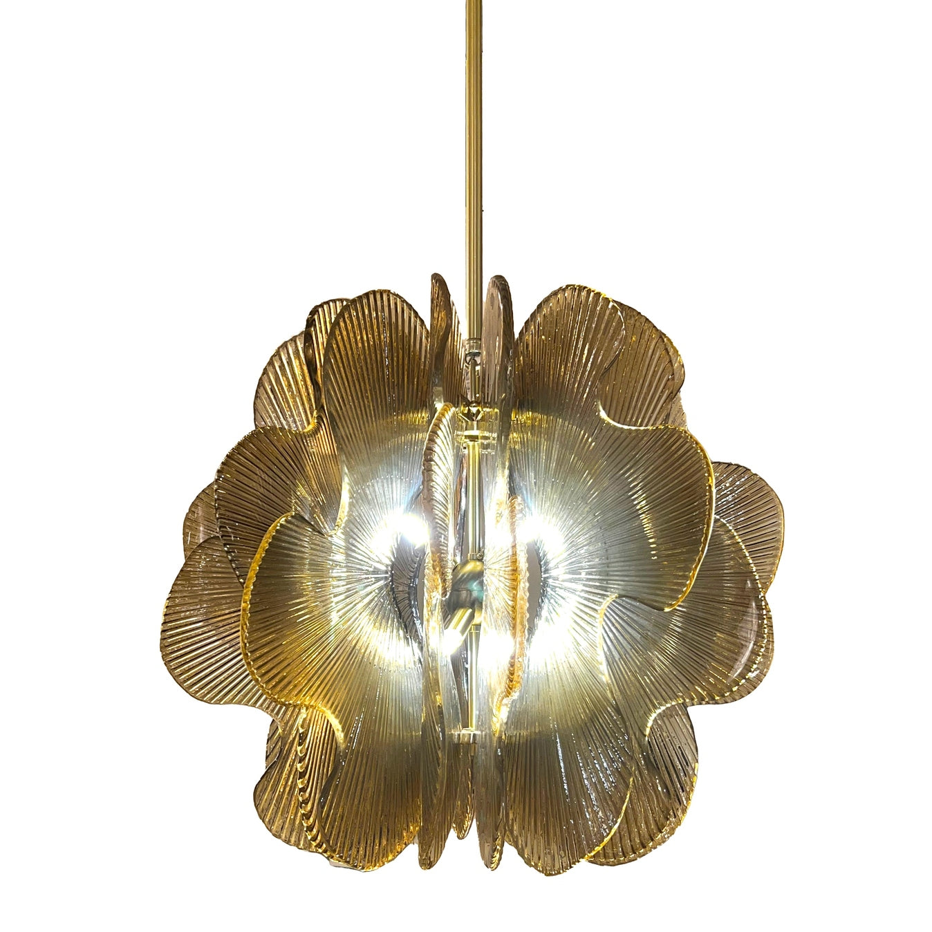Modern Italian Wavy Beige Textured Murano Glass Satin Brass Pendant/Chandelier
