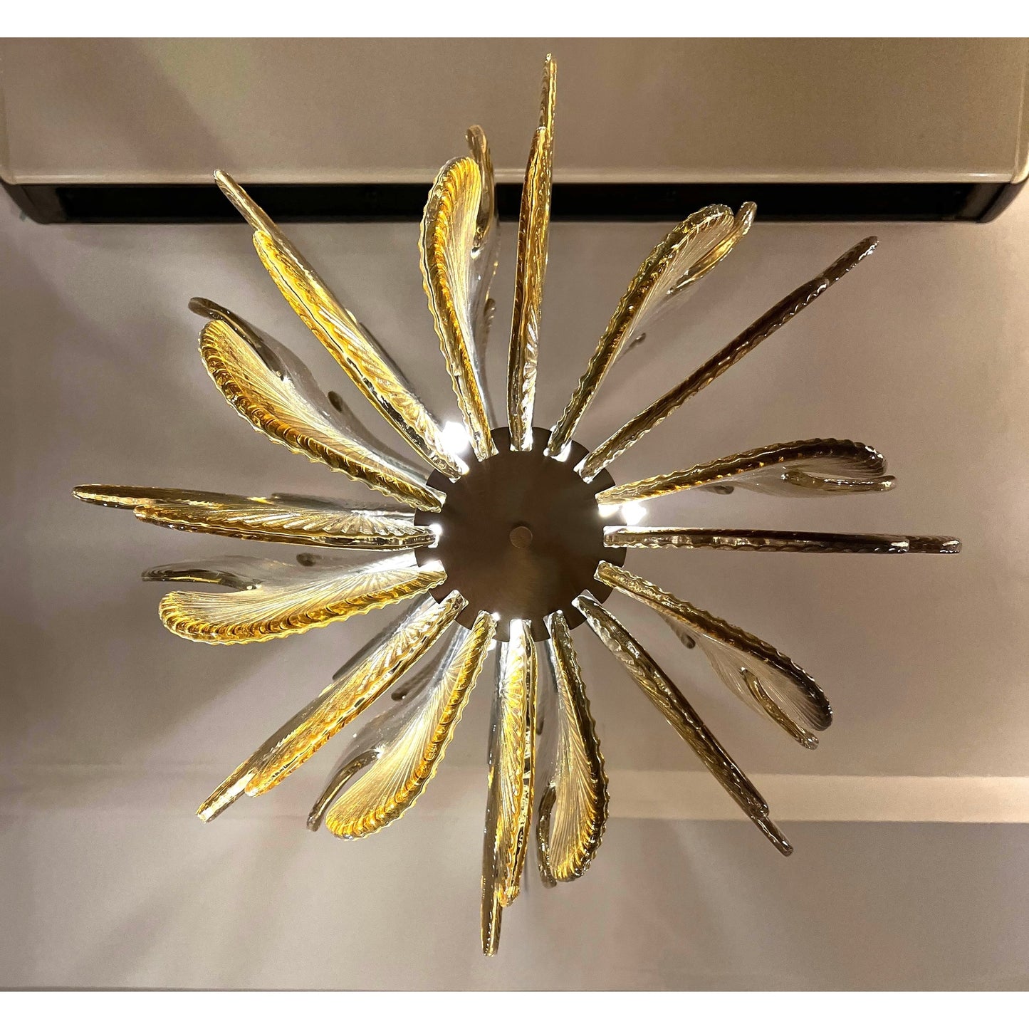 Modern Italian Wavy Beige Textured Murano Glass Satin Brass Pendant/Chandelier