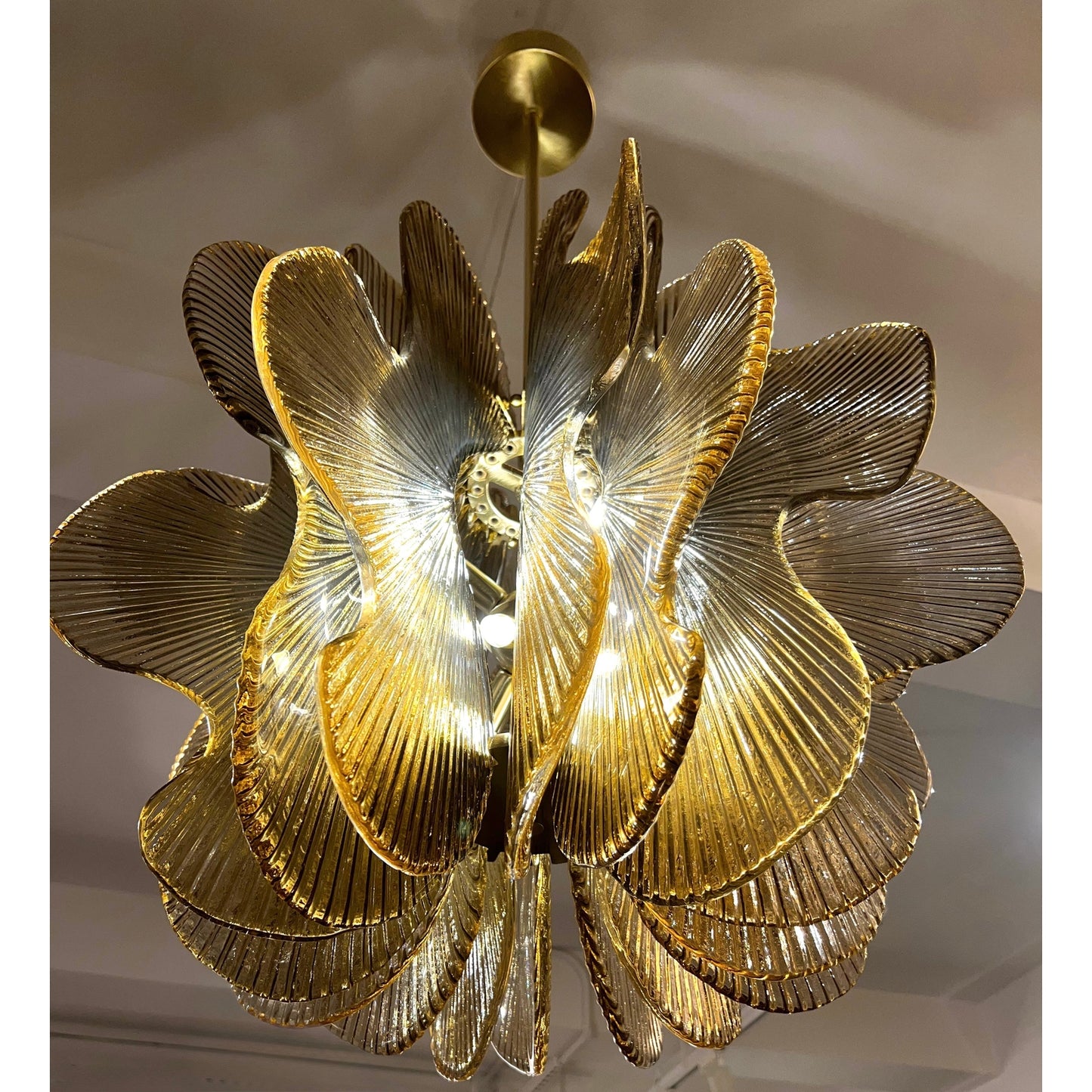 Modern Italian Wavy Beige Textured Murano Glass Satin Brass Pendant/Chandelier