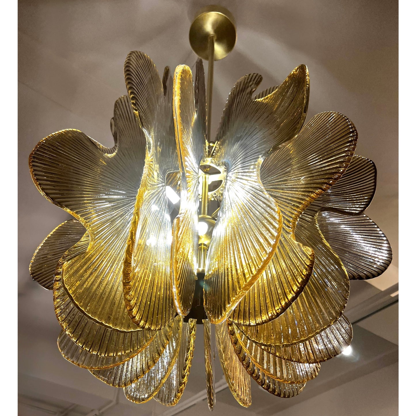 Modern Italian Wavy Beige Textured Murano Glass Satin Brass Pendant/Chandelier