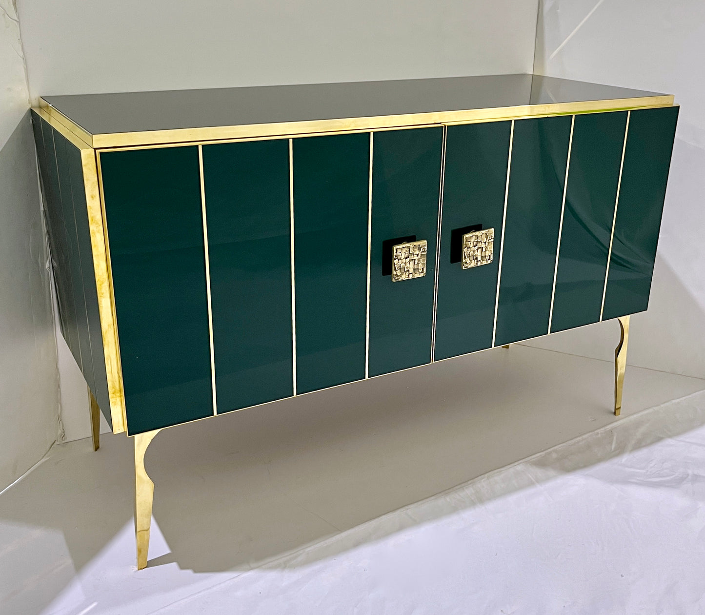 Modern Italian Custom Art Deco Style Hunter Green Black Glass Brass Cabinet /Bar